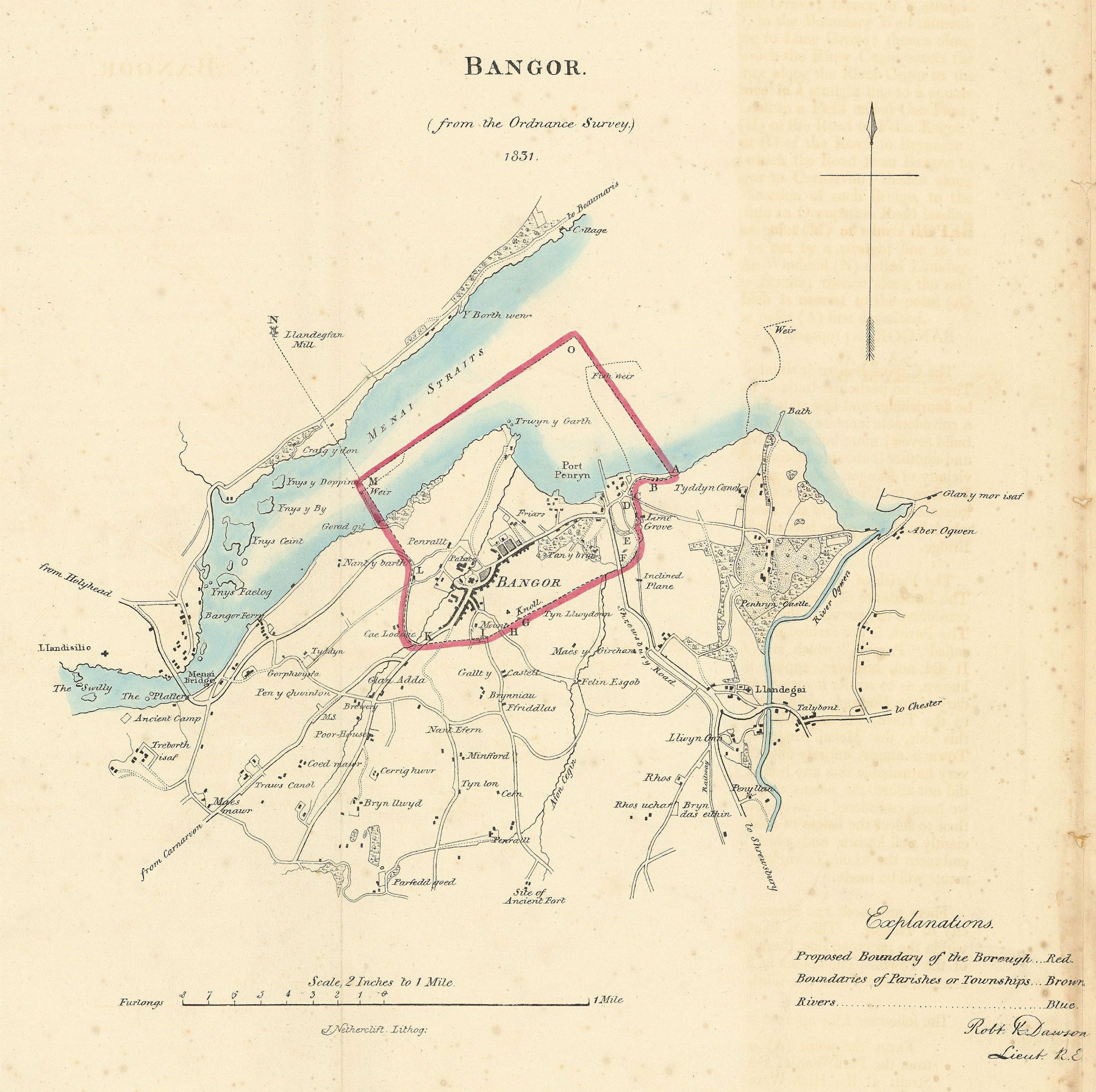 Associate Product BANGOR borough/town plan. REFORM ACT. Llandegai Menai Bridge. DAWSON 1832 map