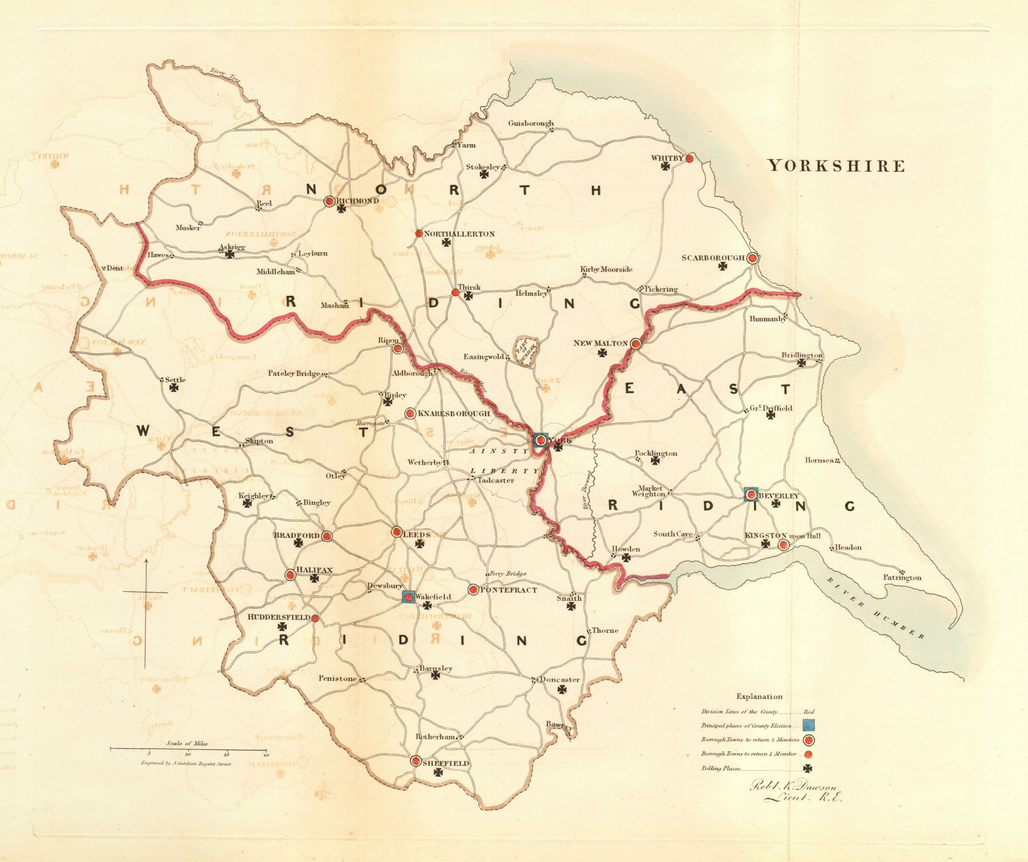 Yorkshire county map. Ridings boroughs electoral. REFORM ACT. DAWSON 1832