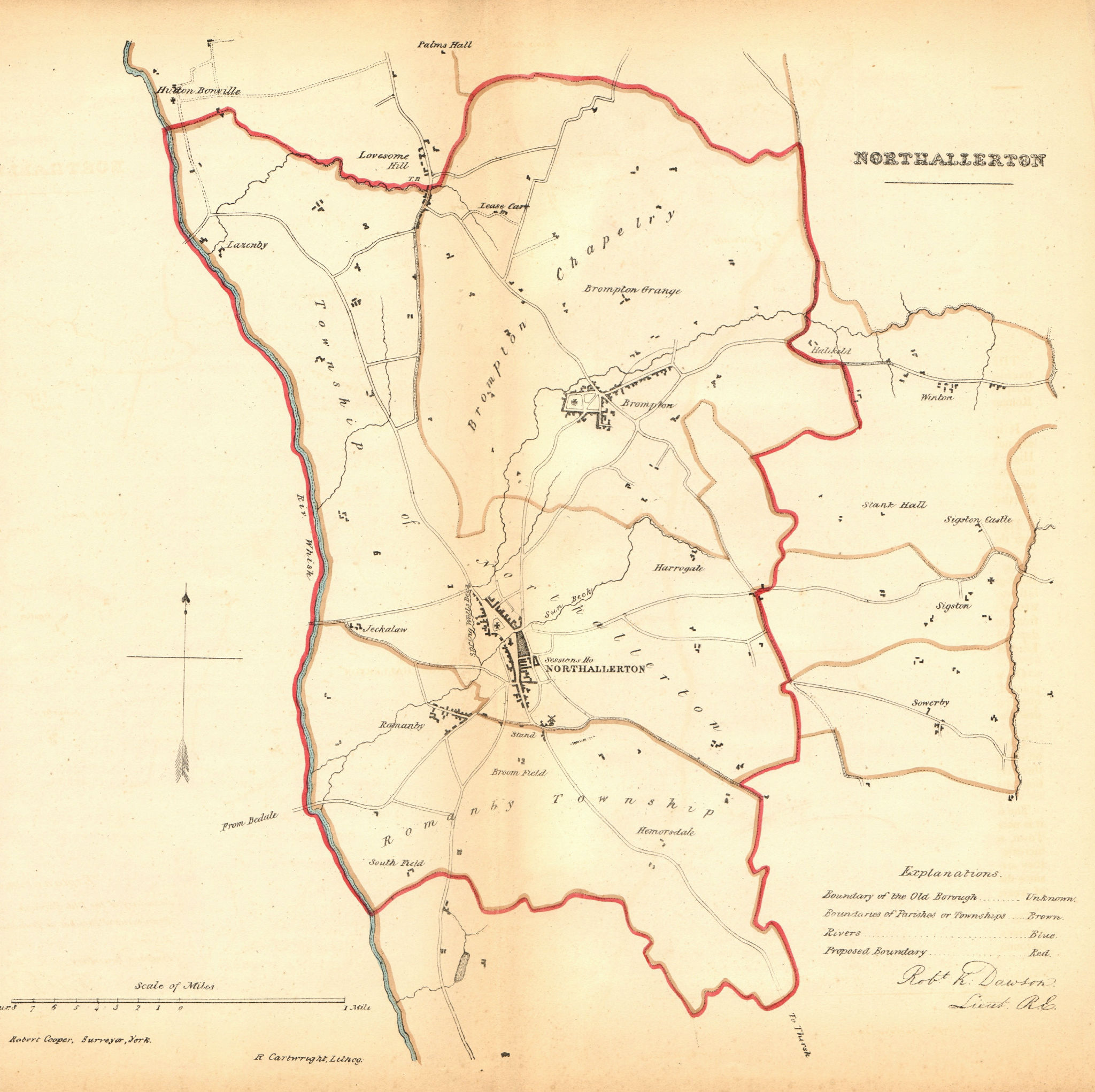 NORTHALLERTON borough/town plan. REFORM ACT. Brompton Romanby. DAWSON 1832 map