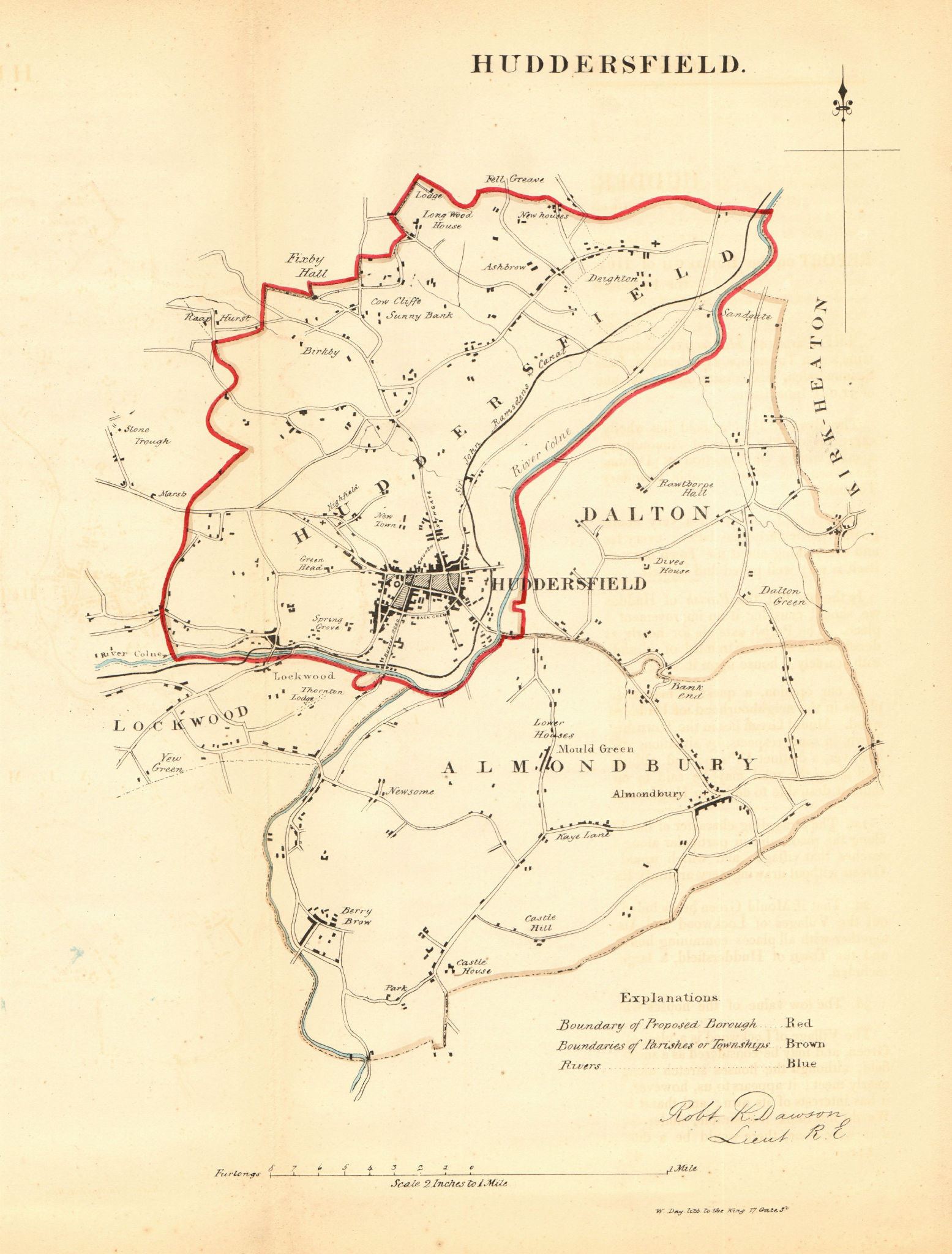 HUDDERSFIELD borough/town plan. REFORM ACT Almondbury Yorkshire. DAWSON 1832 map