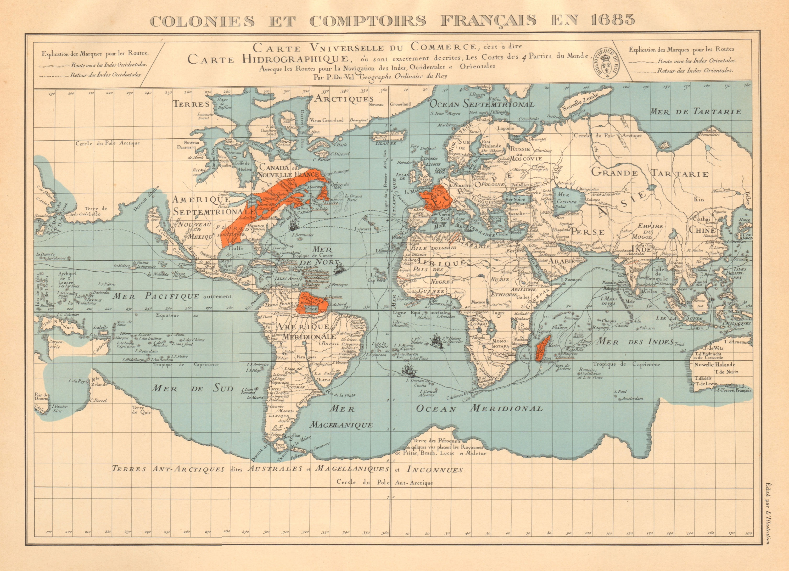 Associate Product FRENCH COLONIES & TRADING POSTS 1683. Colonies et comptoirs Français 1938 map