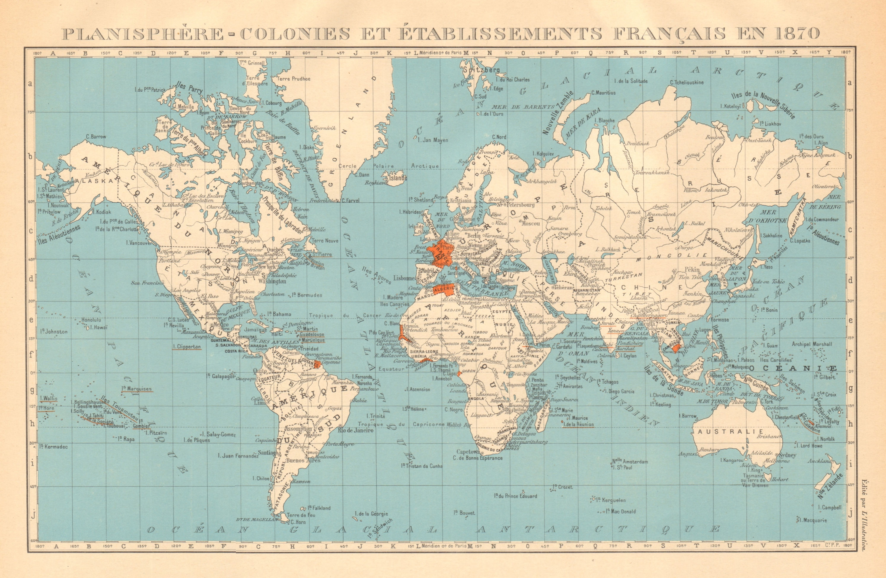 Associate Product FRENCH COLONIES & établissements Français en 1870. Planisphere 1938 old map