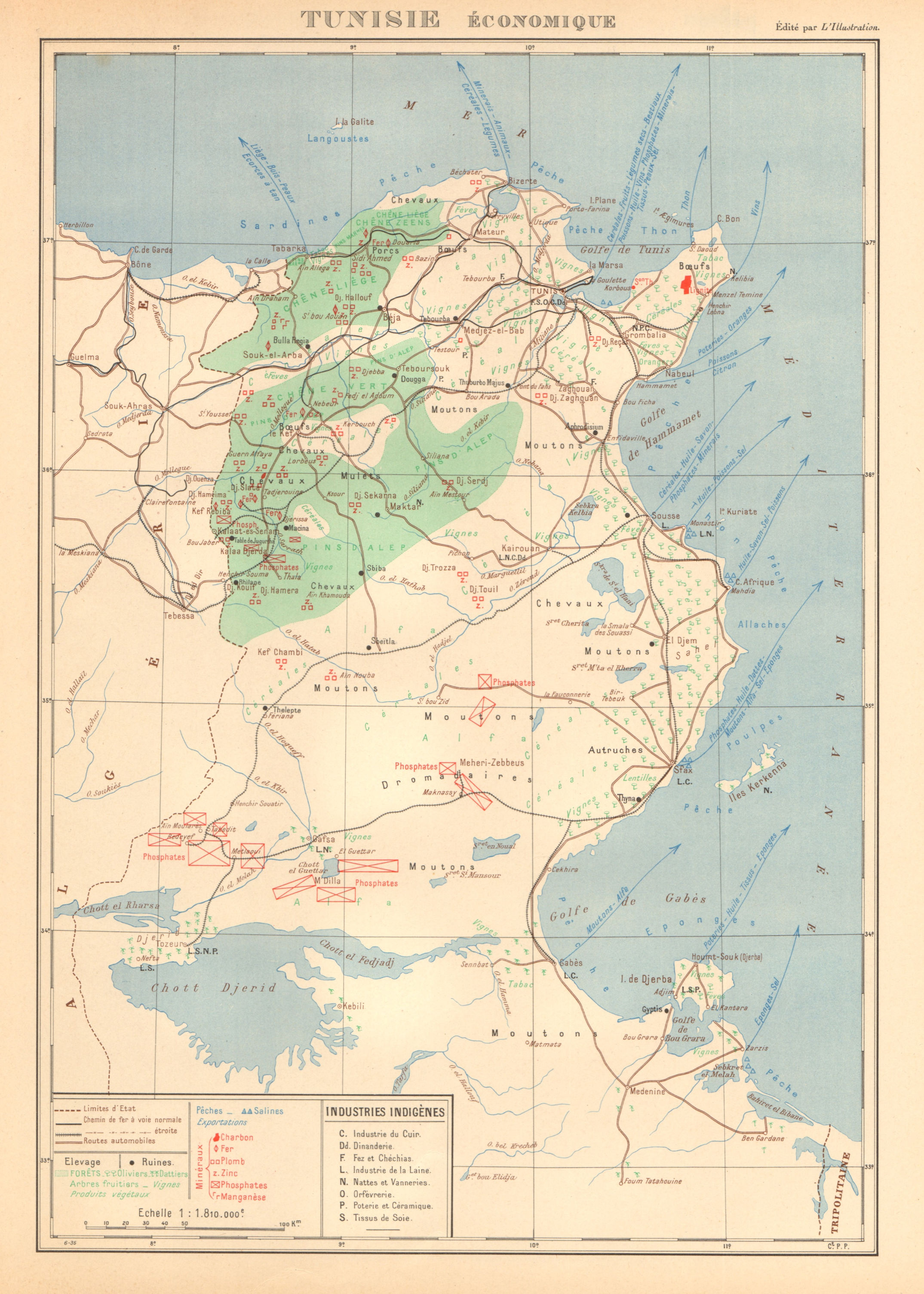 Associate Product FRENCH COLONIAL TUNISIA RESOURCES. Tunisie. Economique Economic 1938 old map