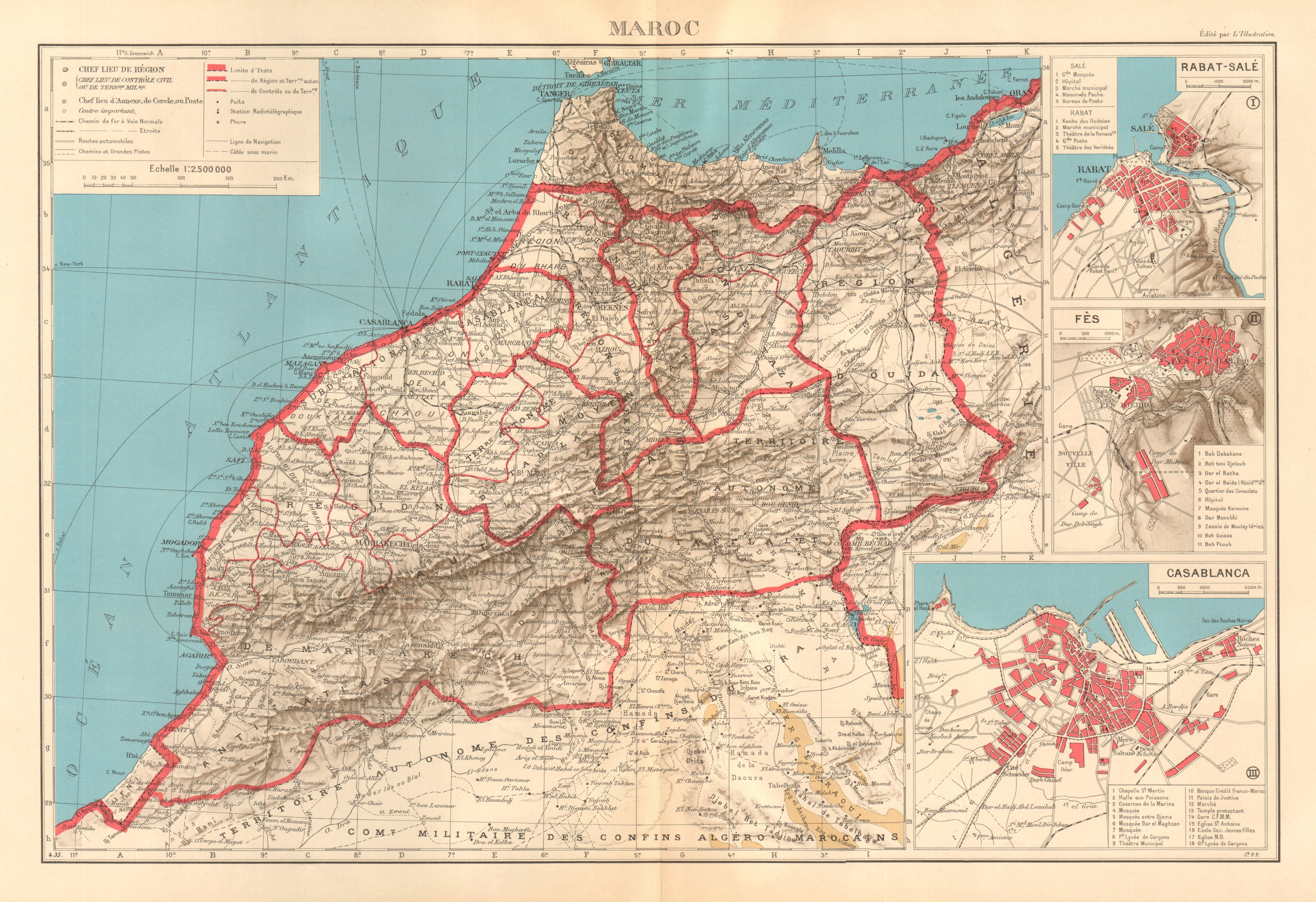 Associate Product FRENCH MOROCCO. Maroc Protectorat français. Rabat Fez Casablanca plans 1938 map