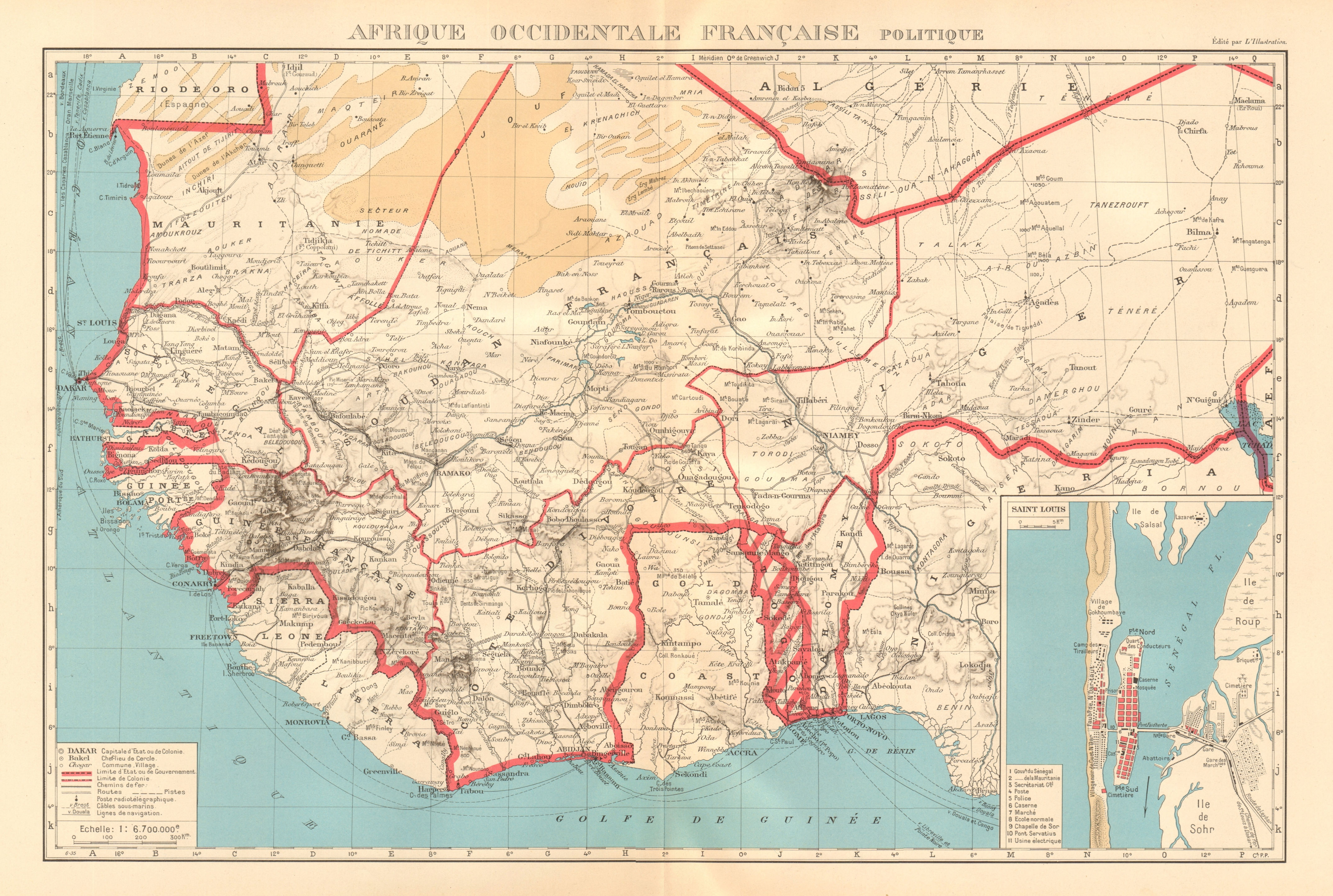 FRENCH WEST AFRICA. Afrique Occidentale Française. Saint-Louis, Senegal 1938 map