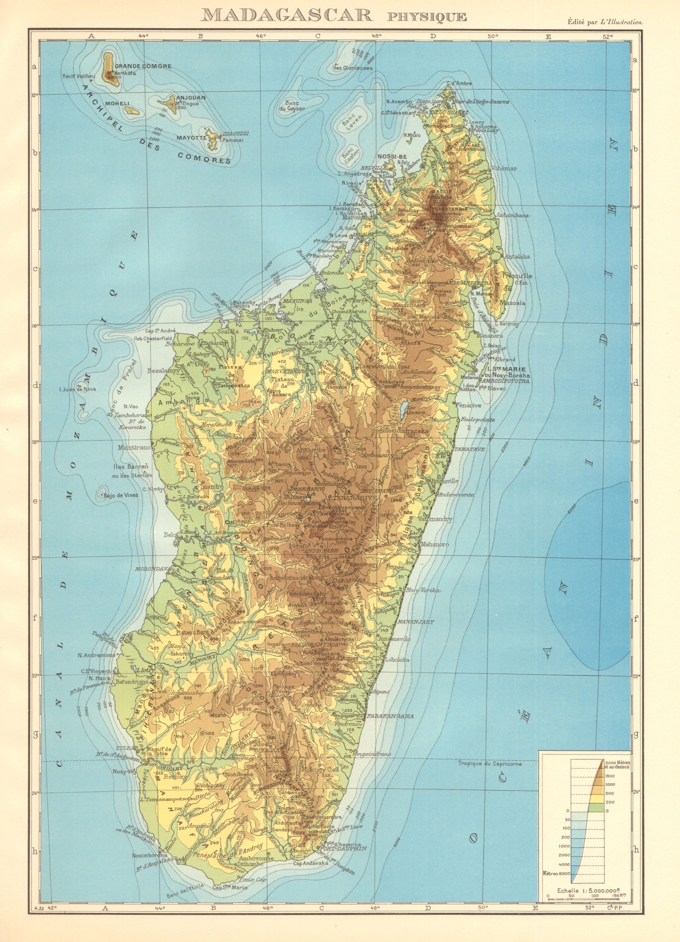 Associate Product COLONIAL MADAGASCAR. Physique physical. Comoros & Mayotte 1938 old vintage map