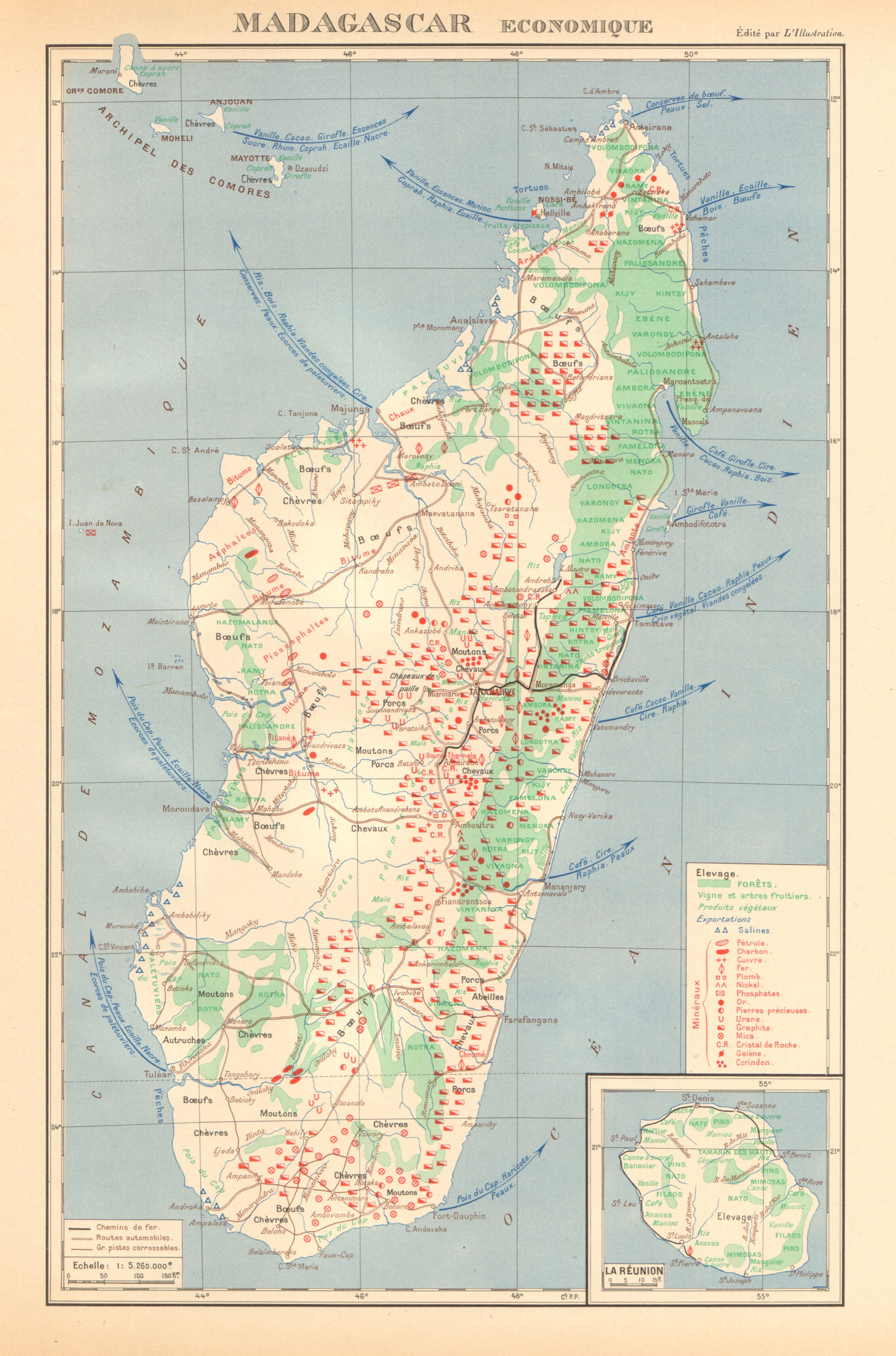 Associate Product COLONIAL MADAGASCAR RESOURCES. Minerals Economique. Inset La Réunion 1938 map