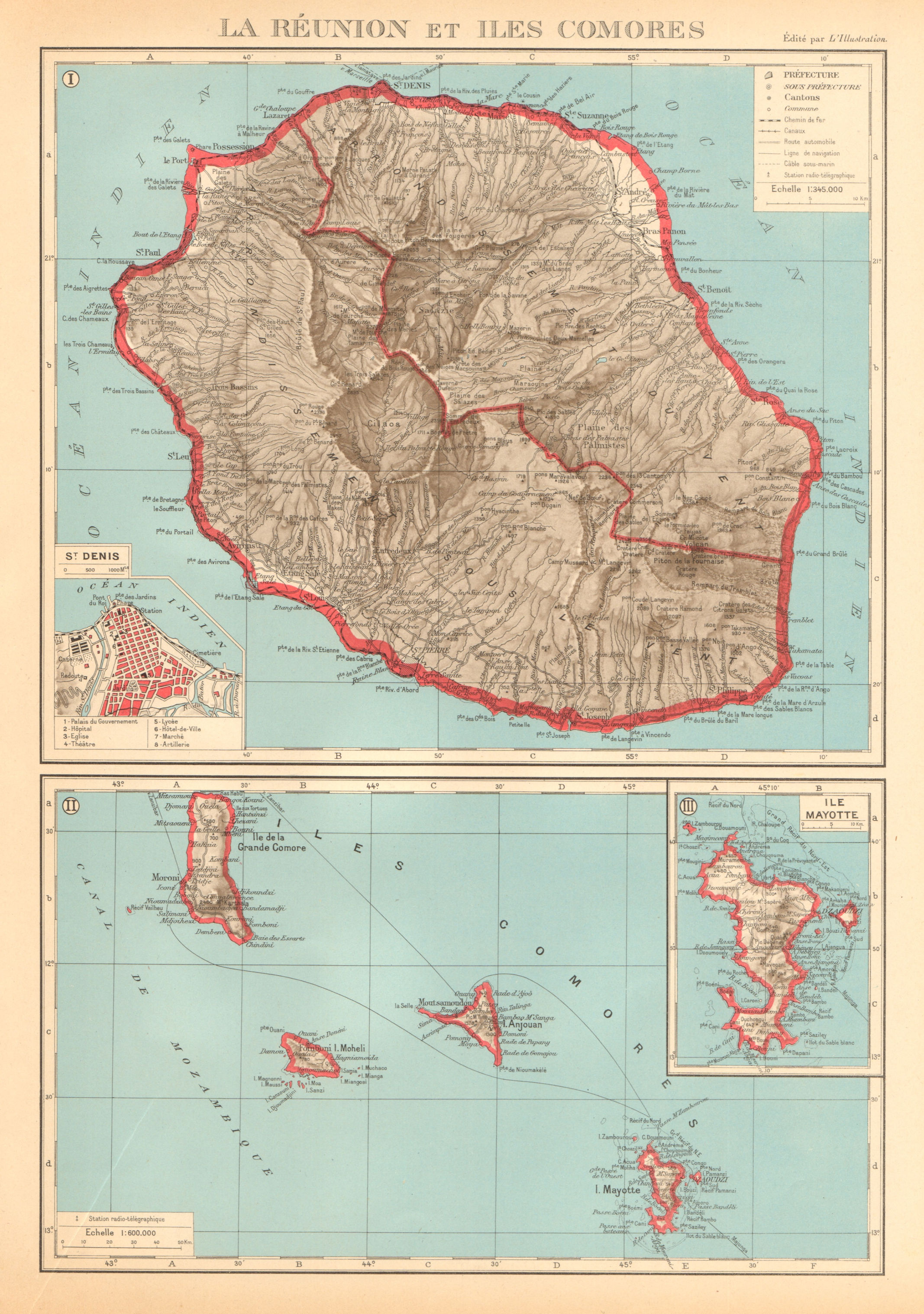 Associate Product FRENCH INDIAN OCEAN ISLANDS La Réunion Comores/Comoros Mayotte St Denis 1938 map