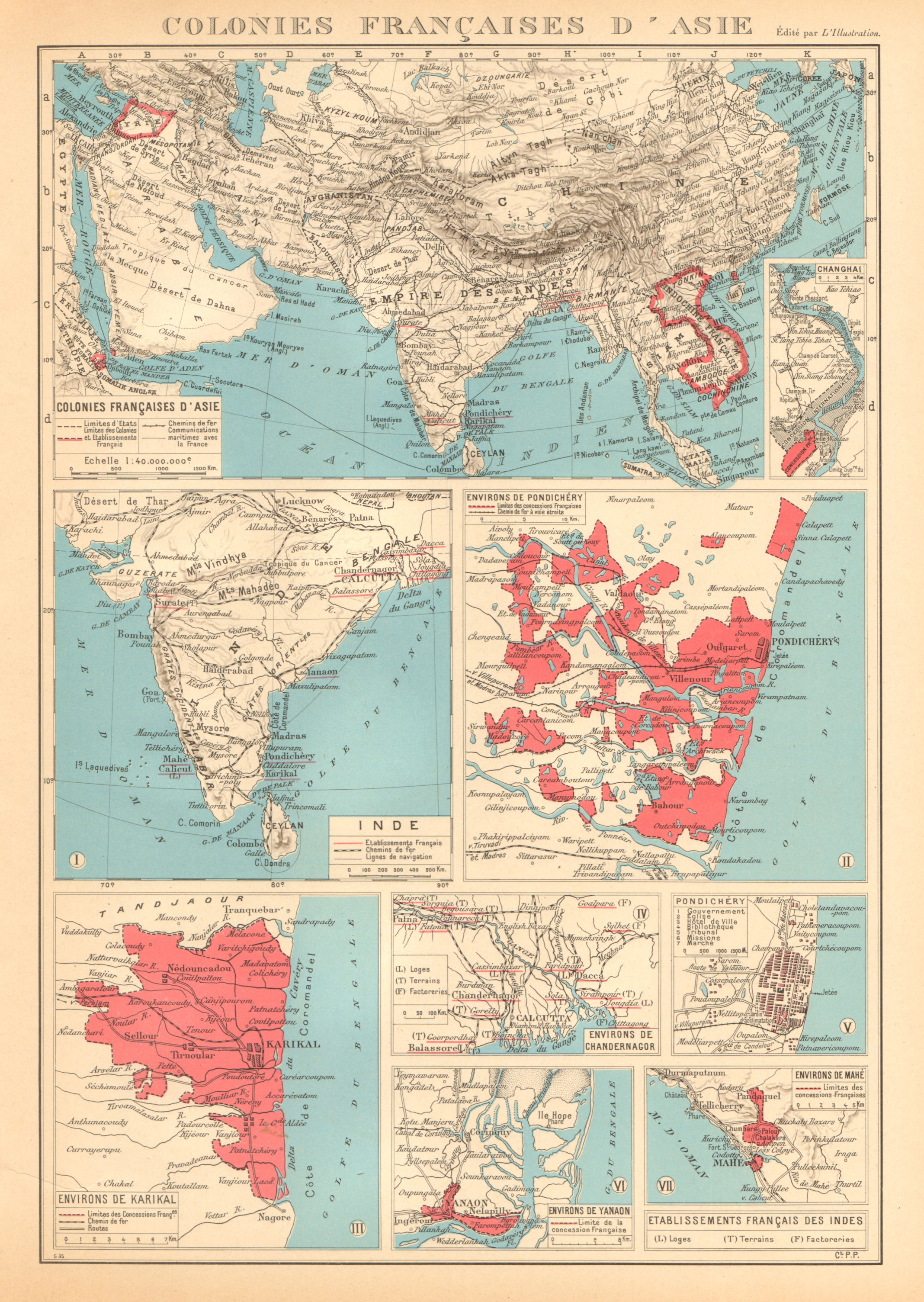 Associate Product FRENCH INDIA Indes français Pondichéry Karikal Yanaon Chandernagor Mahé 1938 map