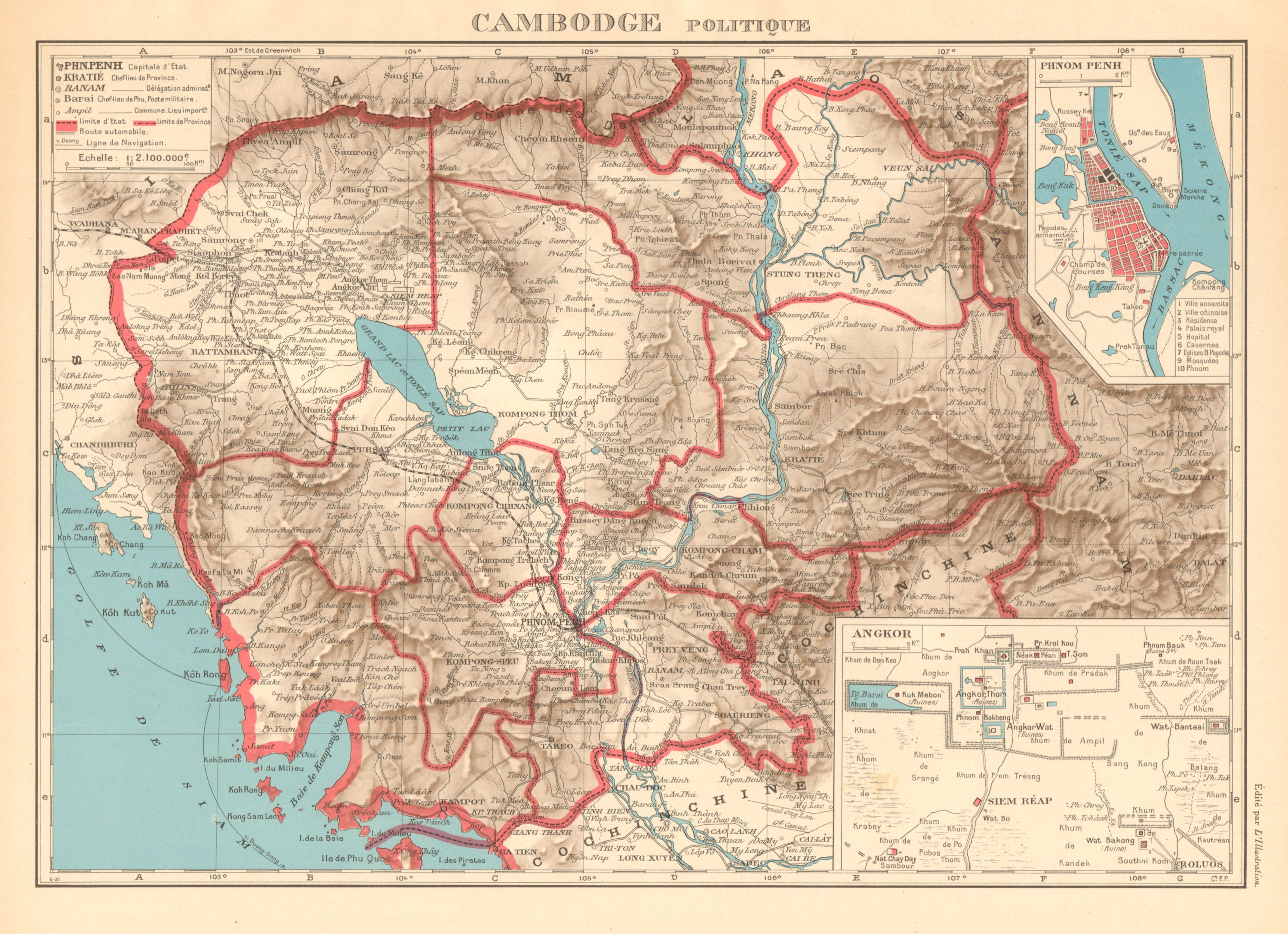 CAMBODIA/Cambodge. French Indochina. Angkor Wat & Phnom Penh plans 1938 map