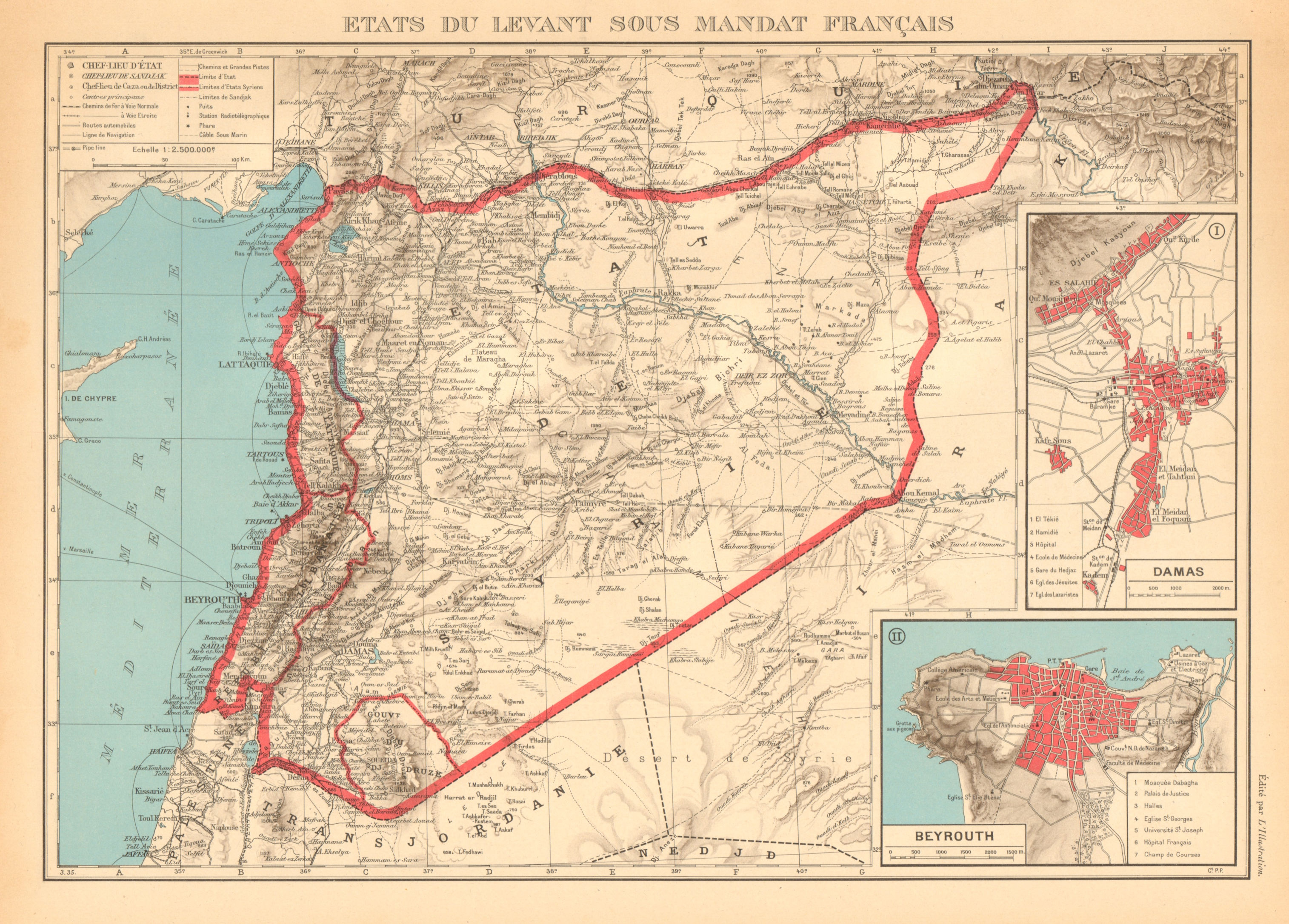 FRENCH SYRIA LEBANON MANDATE Syrie Liban français Damascus Beirut plans 1938 map