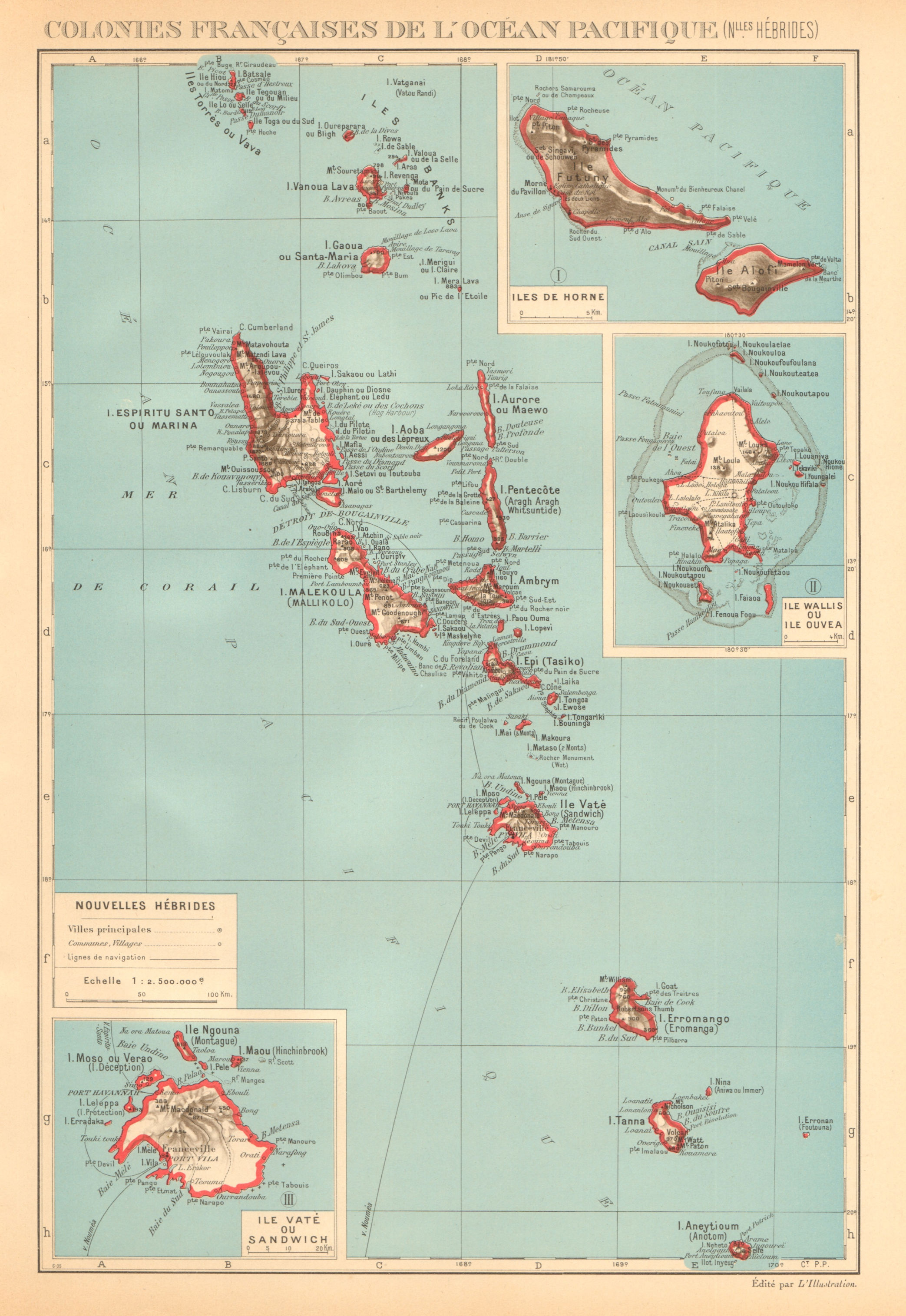 COLONIAL VANUATU. Nouvelles/New Hebrides. Efate Wallis & Futuna. Uvea 1938 map