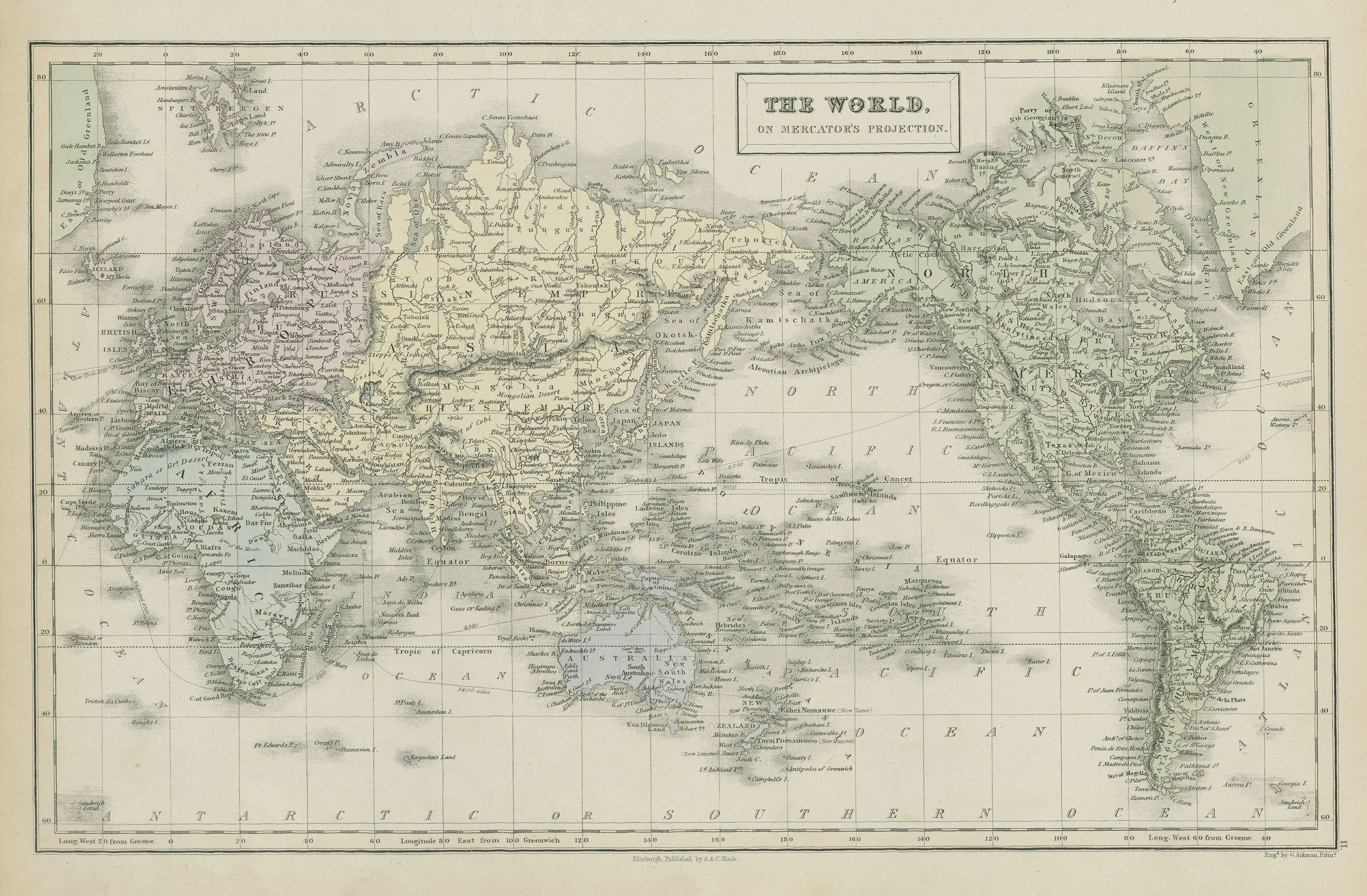Associate Product The World, on Mercator's projection by GEORGE AIKMAN. Asia-centric 1856 map