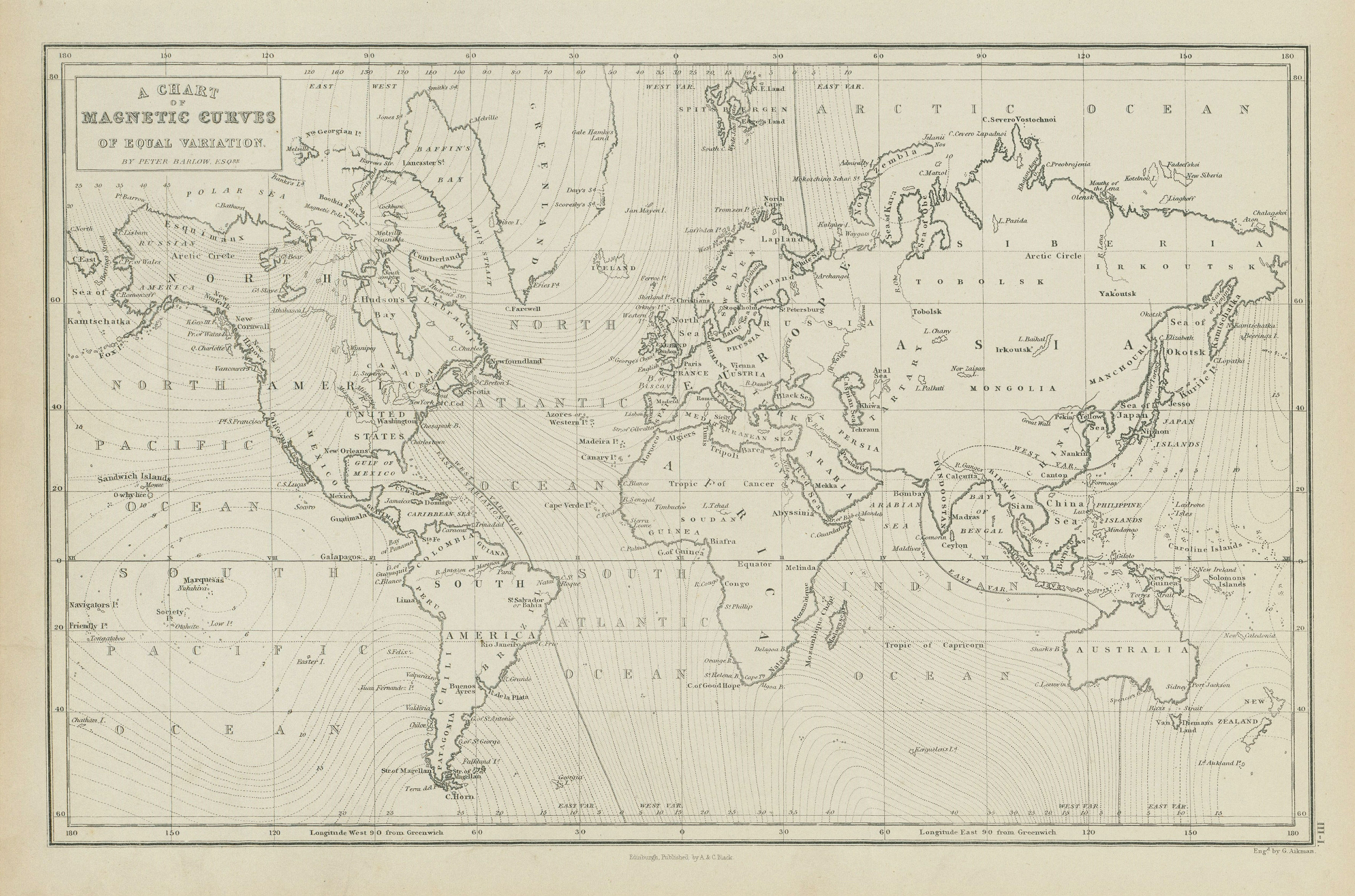 Associate Product A chart of magnetic curves of equal variation. World. GEORGE AIKMAN 1856 map
