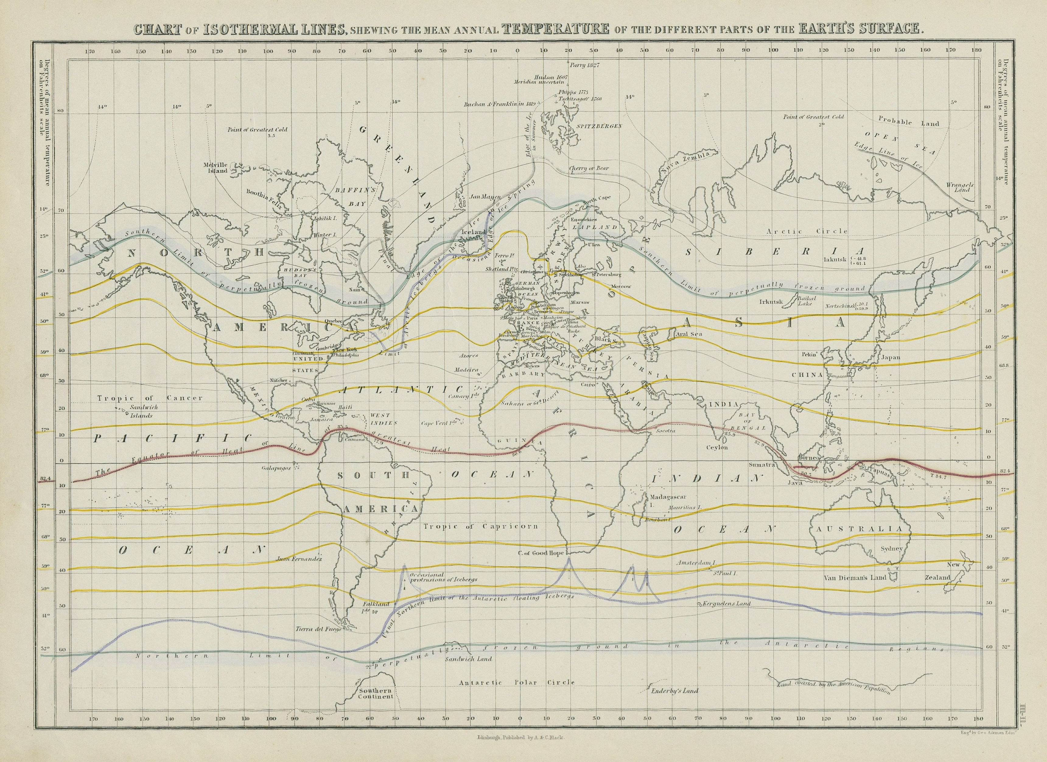 Associate Product World chart of isothermal lines. Mean annual temperature. GEORGE AIKMAN 1856 map