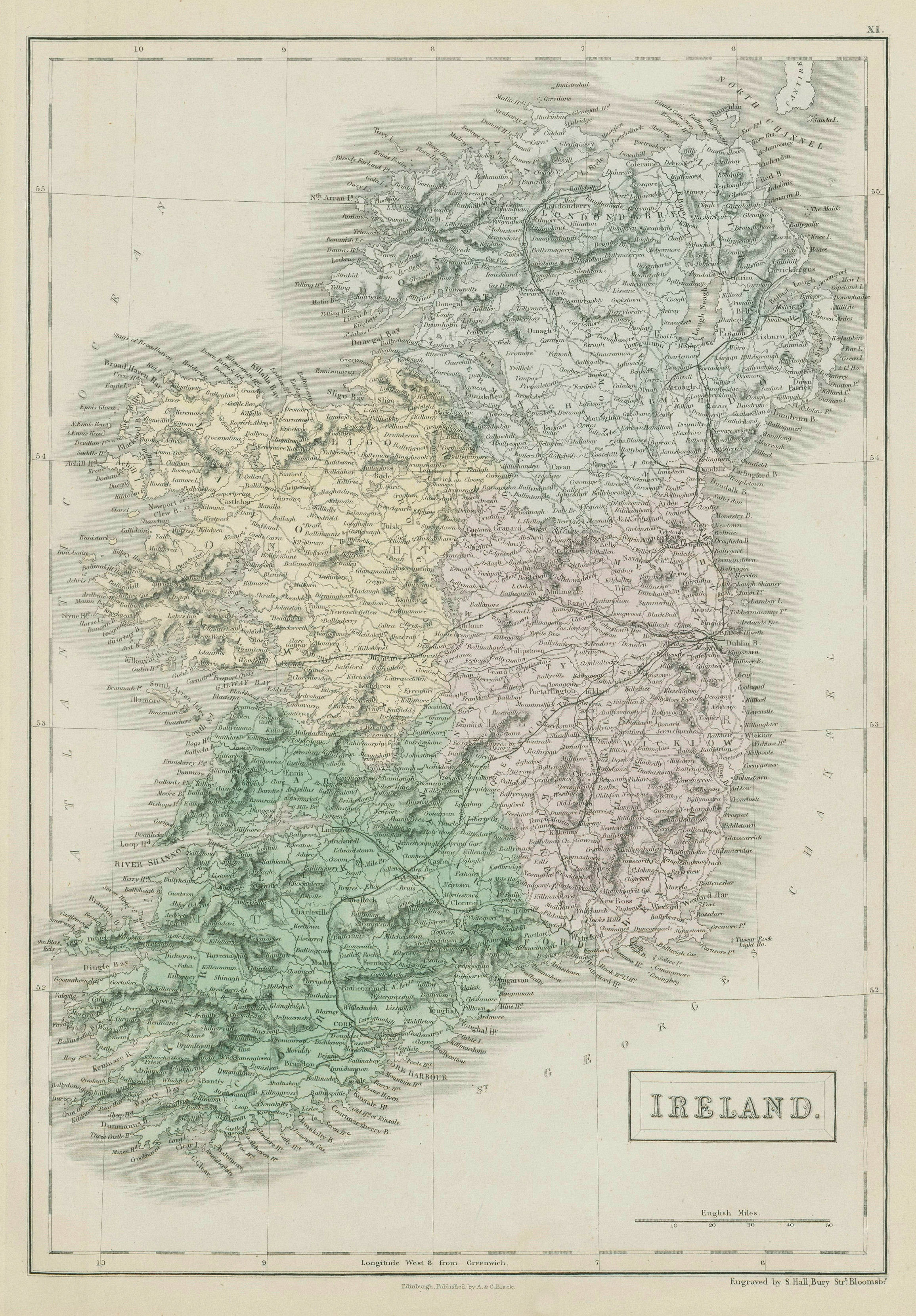 Associate Product Ireland showing provinces & railways by SIDNEY HALL 1856 old antique map chart