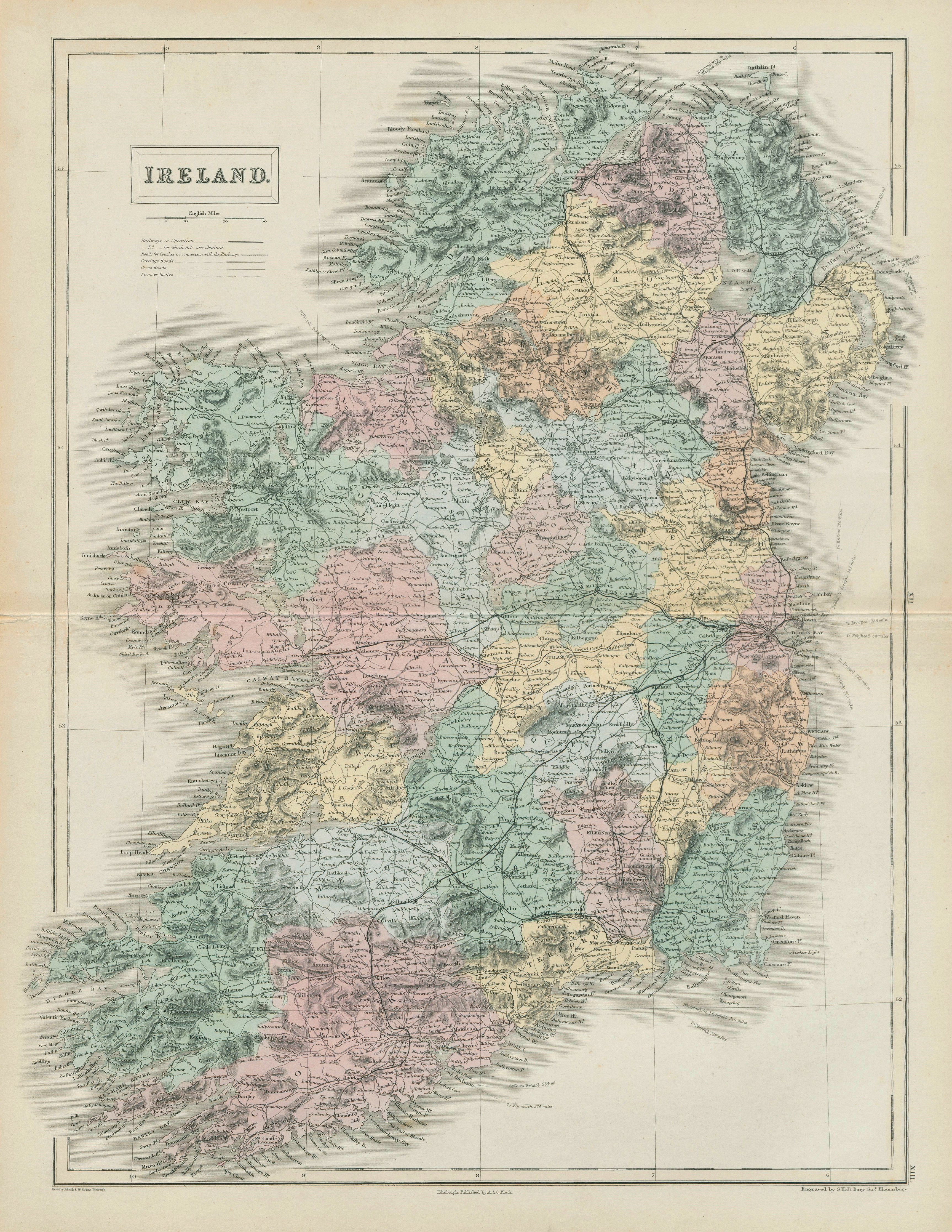 Associate Product Ireland showing counties & railways by SIDNEY HALL 1856 old antique map chart