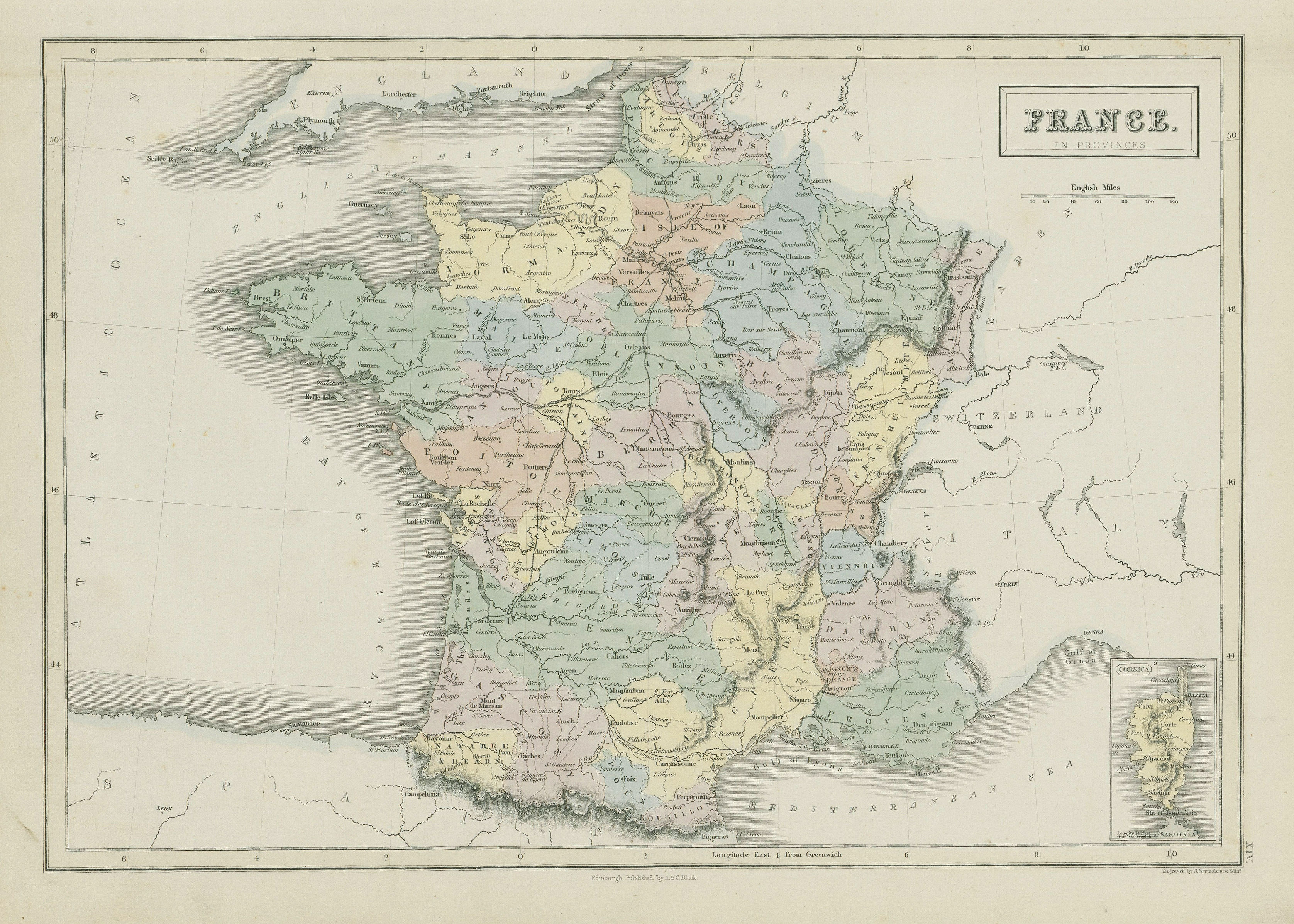 Associate Product France in provinces showing railways. JOHN BARTHOLOMEW 1856 old antique map