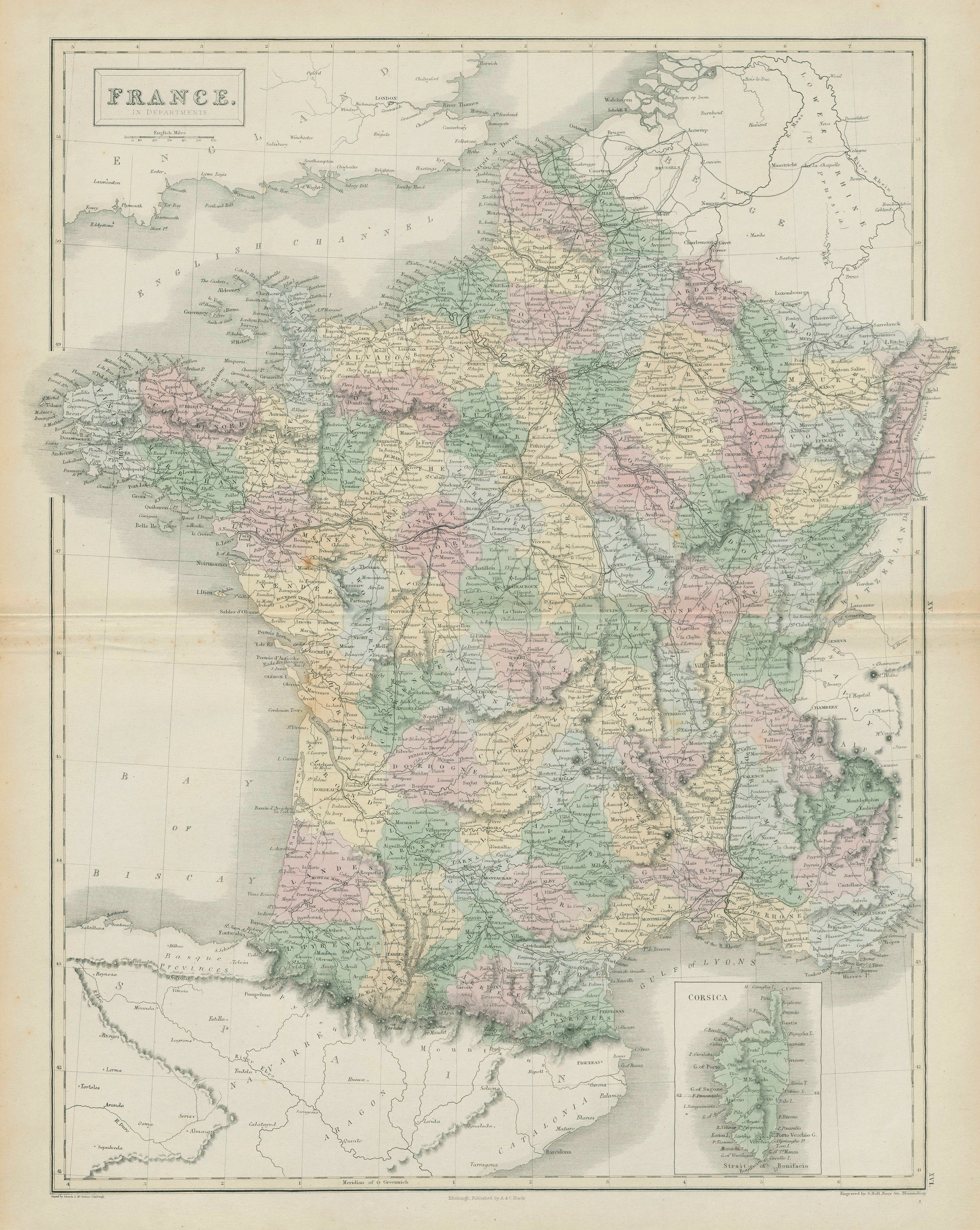 Associate Product France in departments showing railways. SIDNEY HALL 1856 old antique map chart