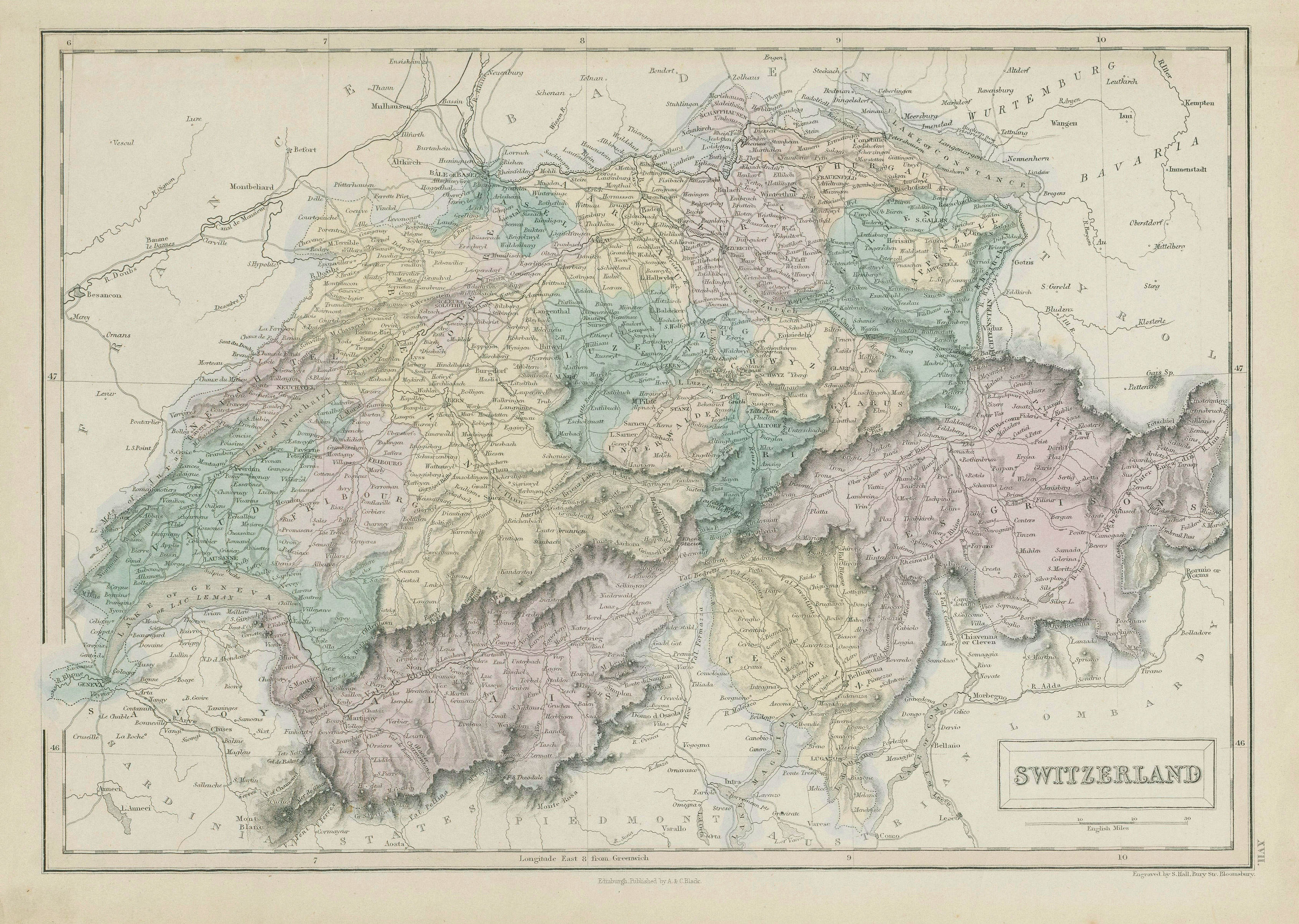 Associate Product Switzerland showing cantons, rivers & roads. SIDNEY HALL 1856 old antique map