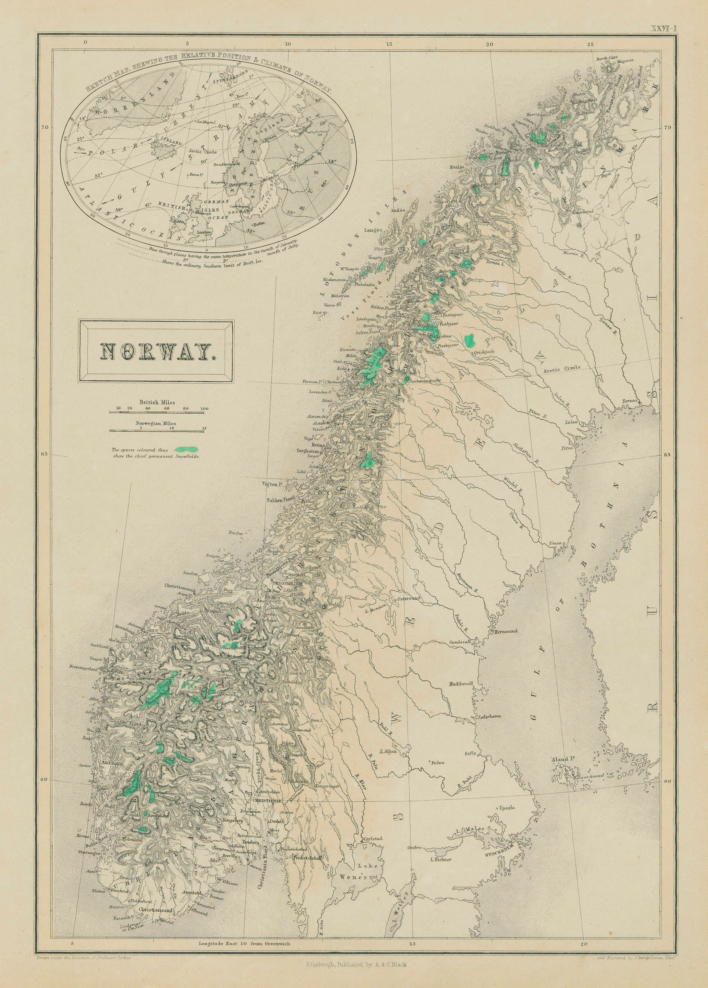 Associate Product Norway showing "permanent snowfields" (glaciers) in green. BARTHOLOMEW 1856 map