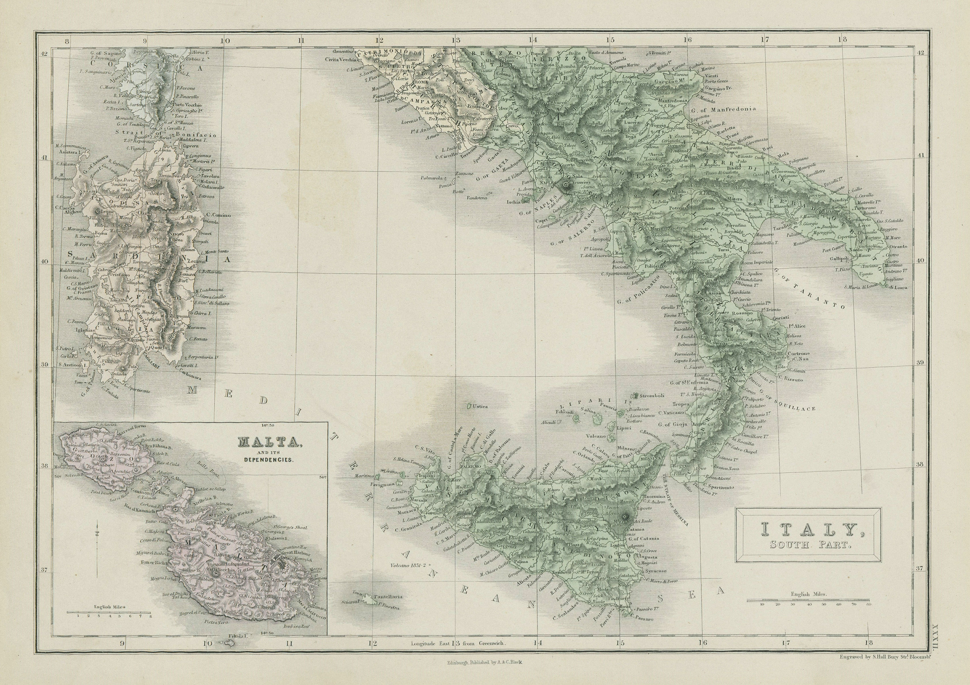 Associate Product Italy, south part. Inset Malta. Sardinia Sicily. SIDNEY HALL 1856 old map