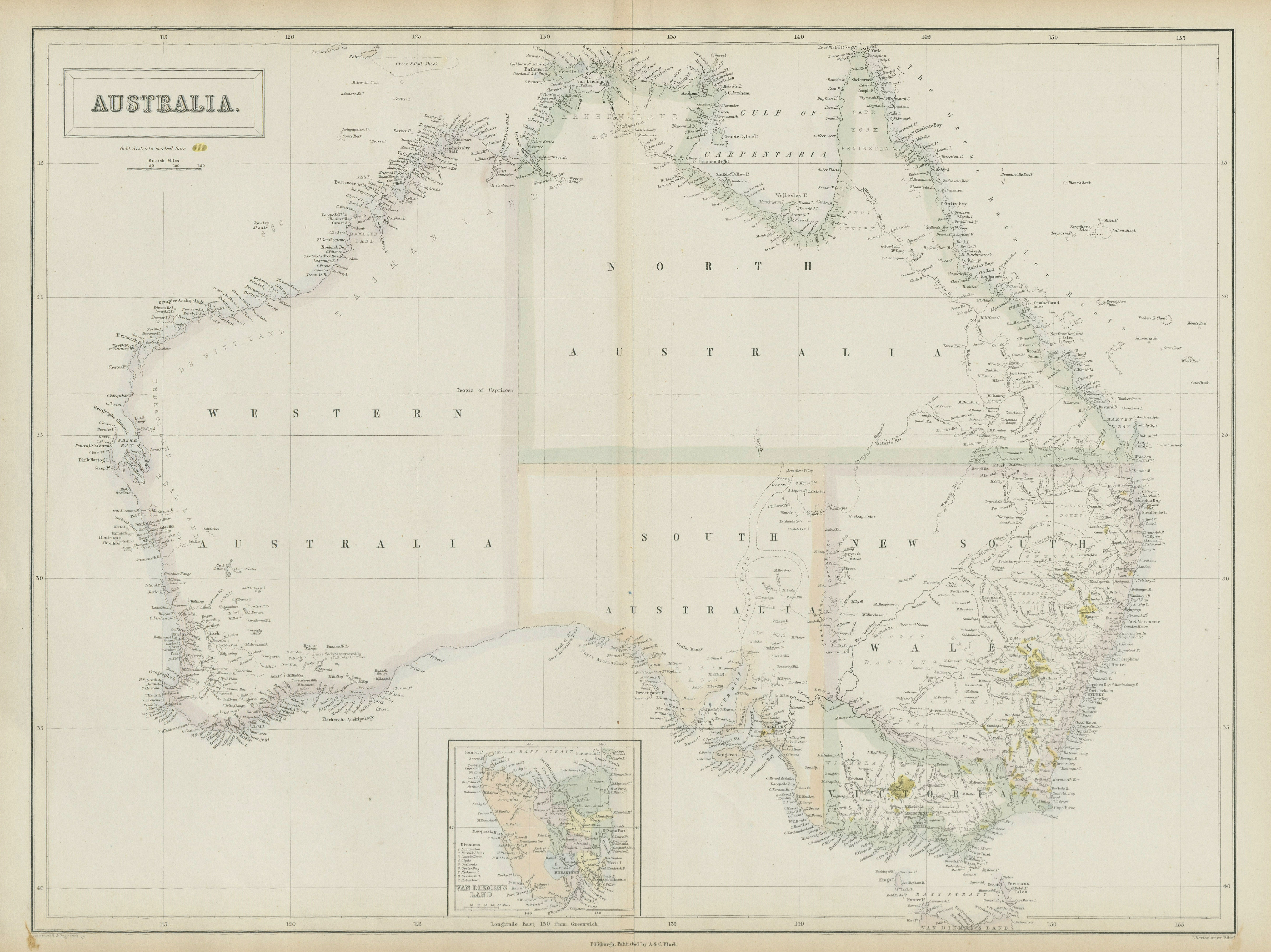 Associate Product Gold rush Australia showing gold districts in yellow. SIDNEY HALL 1856 map