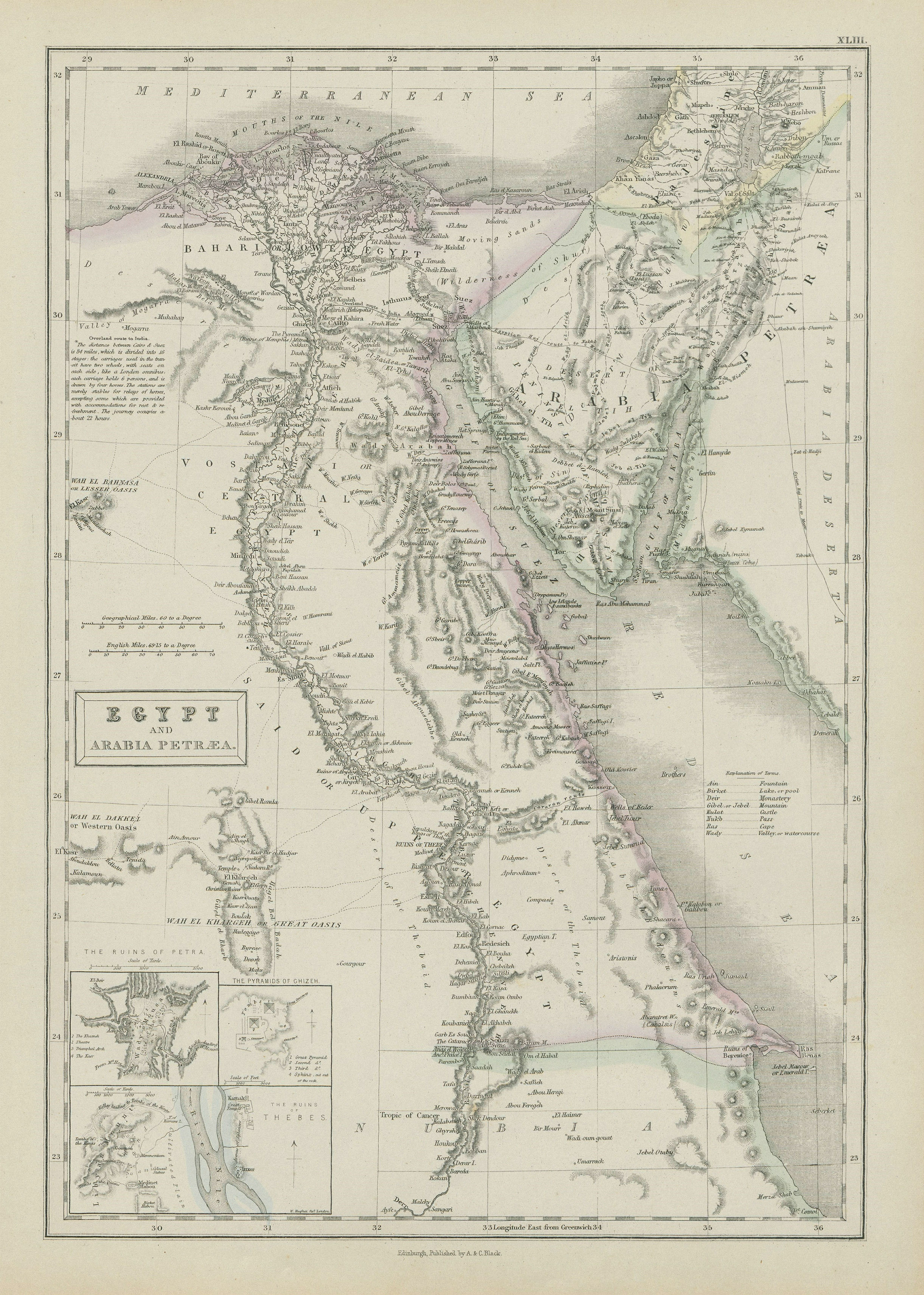 Egypt & Arabia Petraea. Insets Petra, Giza pyramids, Thebes ruins. HALL 1856 map