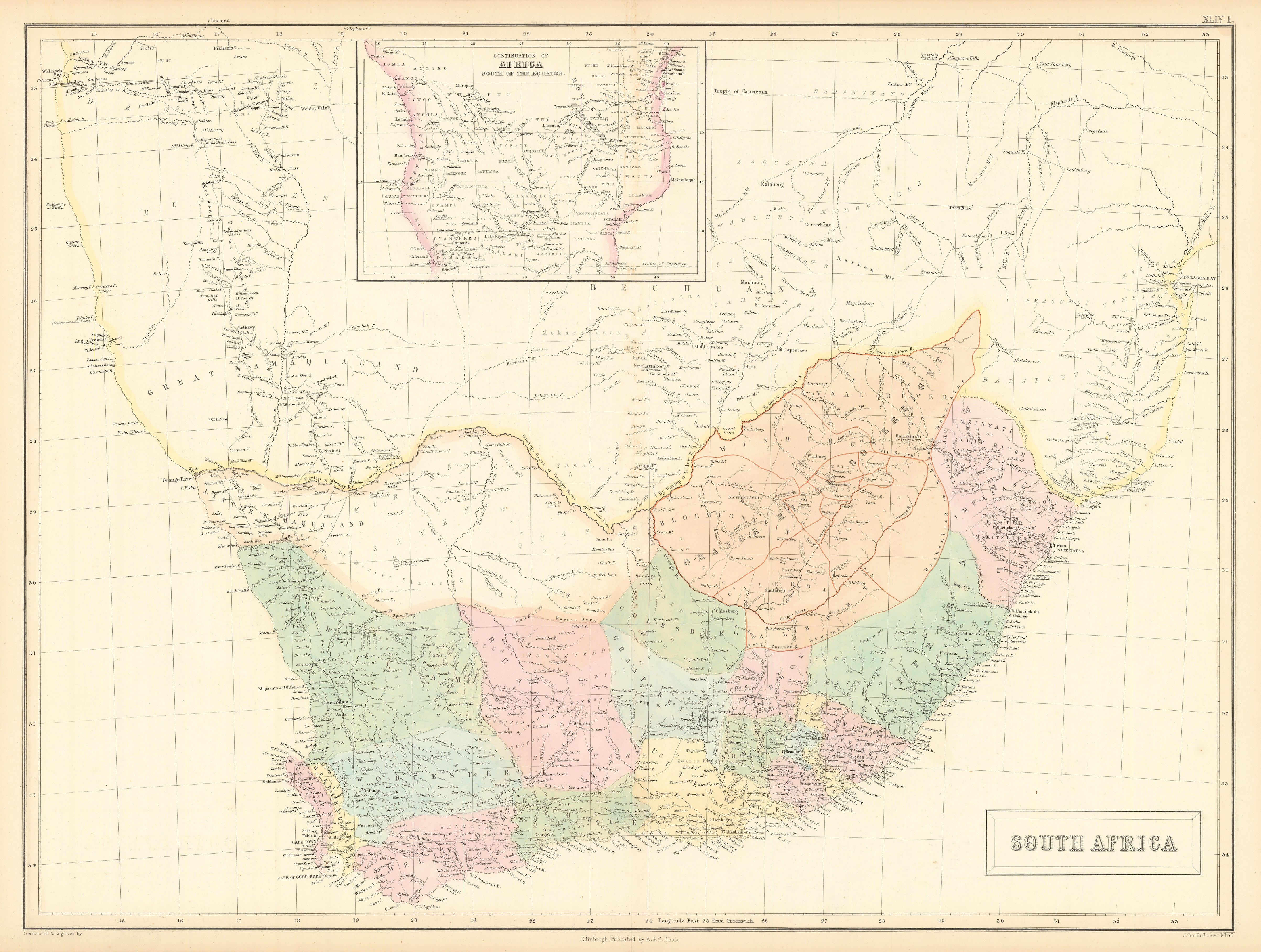 Associate Product South Africa. Orange River Sovereignty Namaqualand Bechuana SIDNEY HALL 1856 map