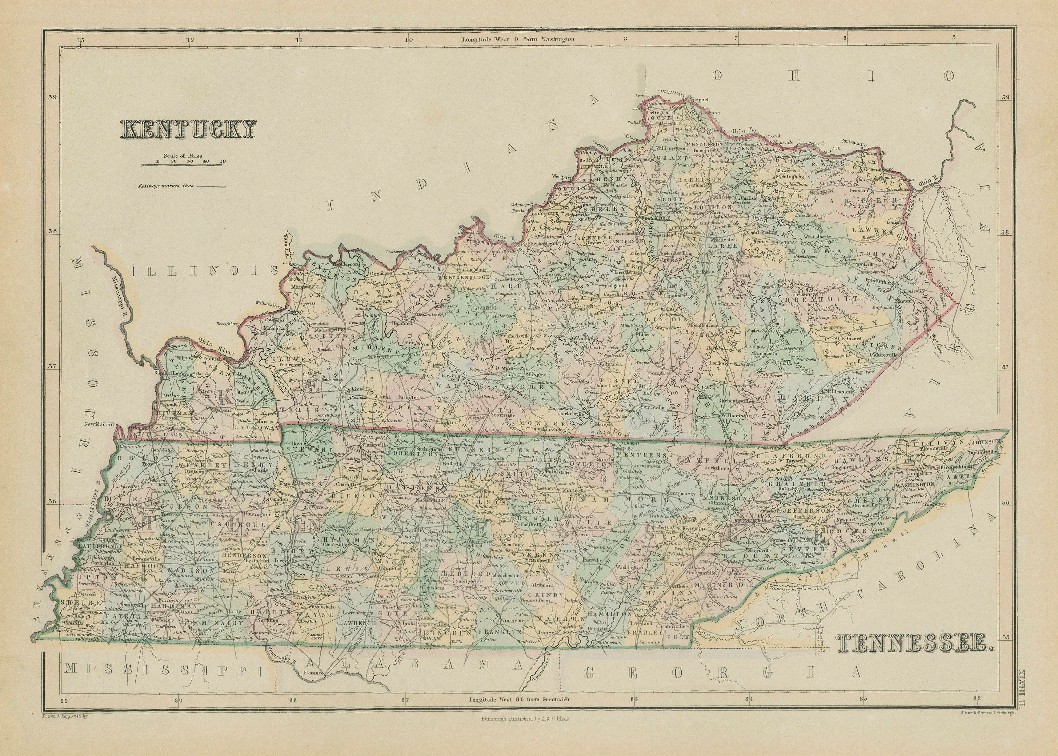 Associate Product Kentucky & Tennessee state map showing counties. JOHN BARTHOLOMEW 1856 old