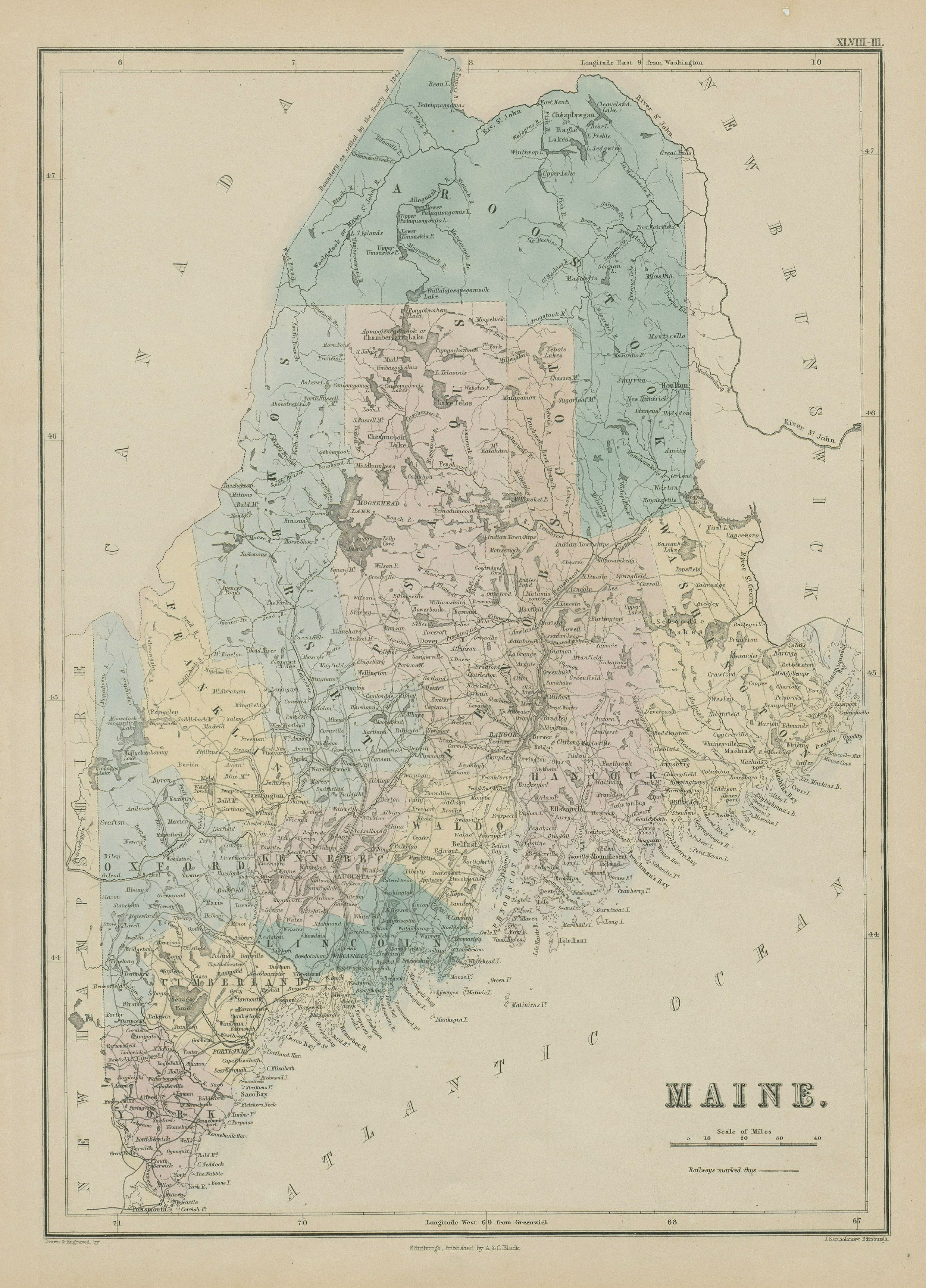 Associate Product Maine state map showing counties. JOHN BARTHOLOMEW 1856 old antique chart