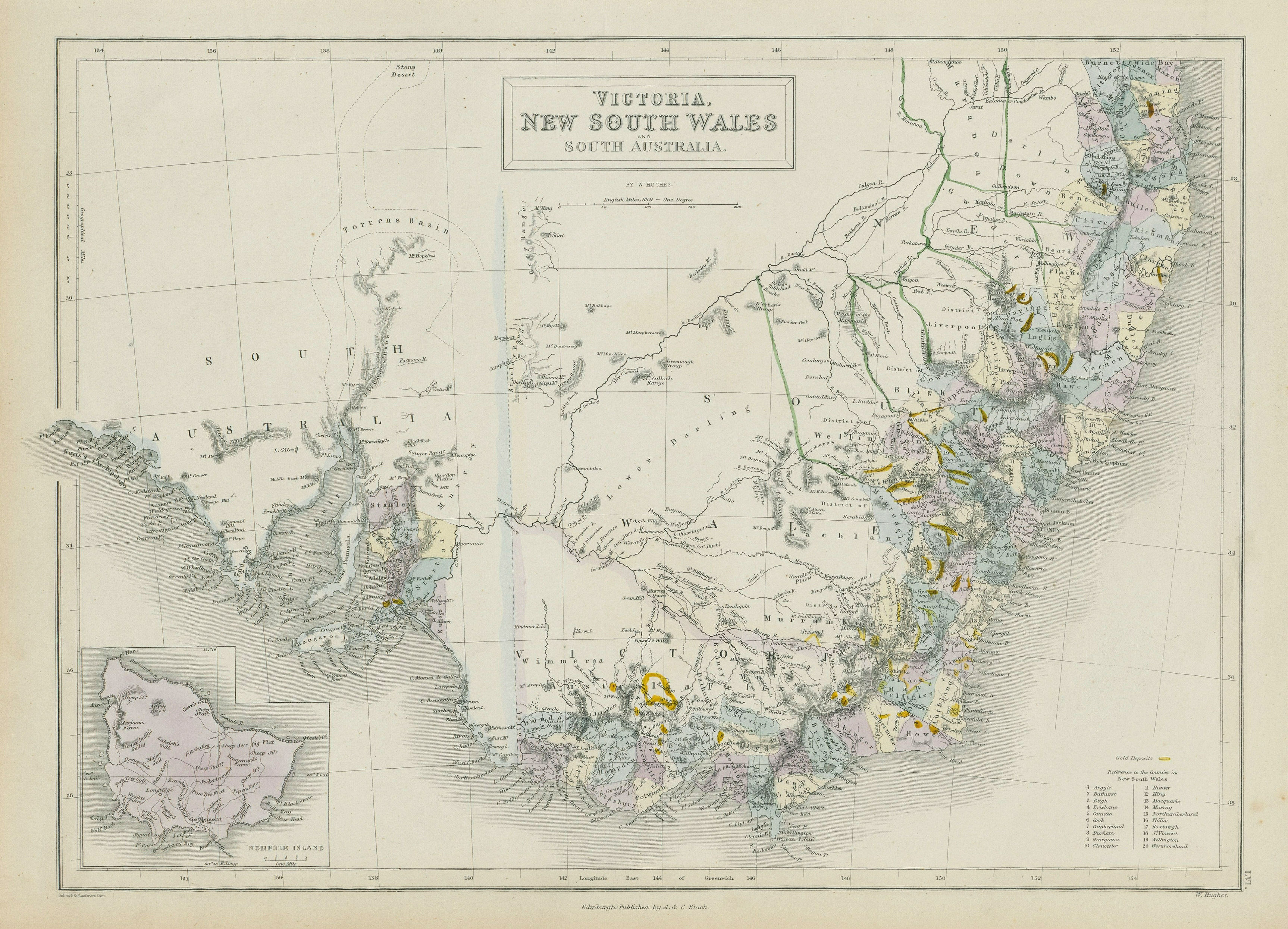 Associate Product Victoria, New South Wales & South Australia Goldfields. Norfolk Island 1856 map