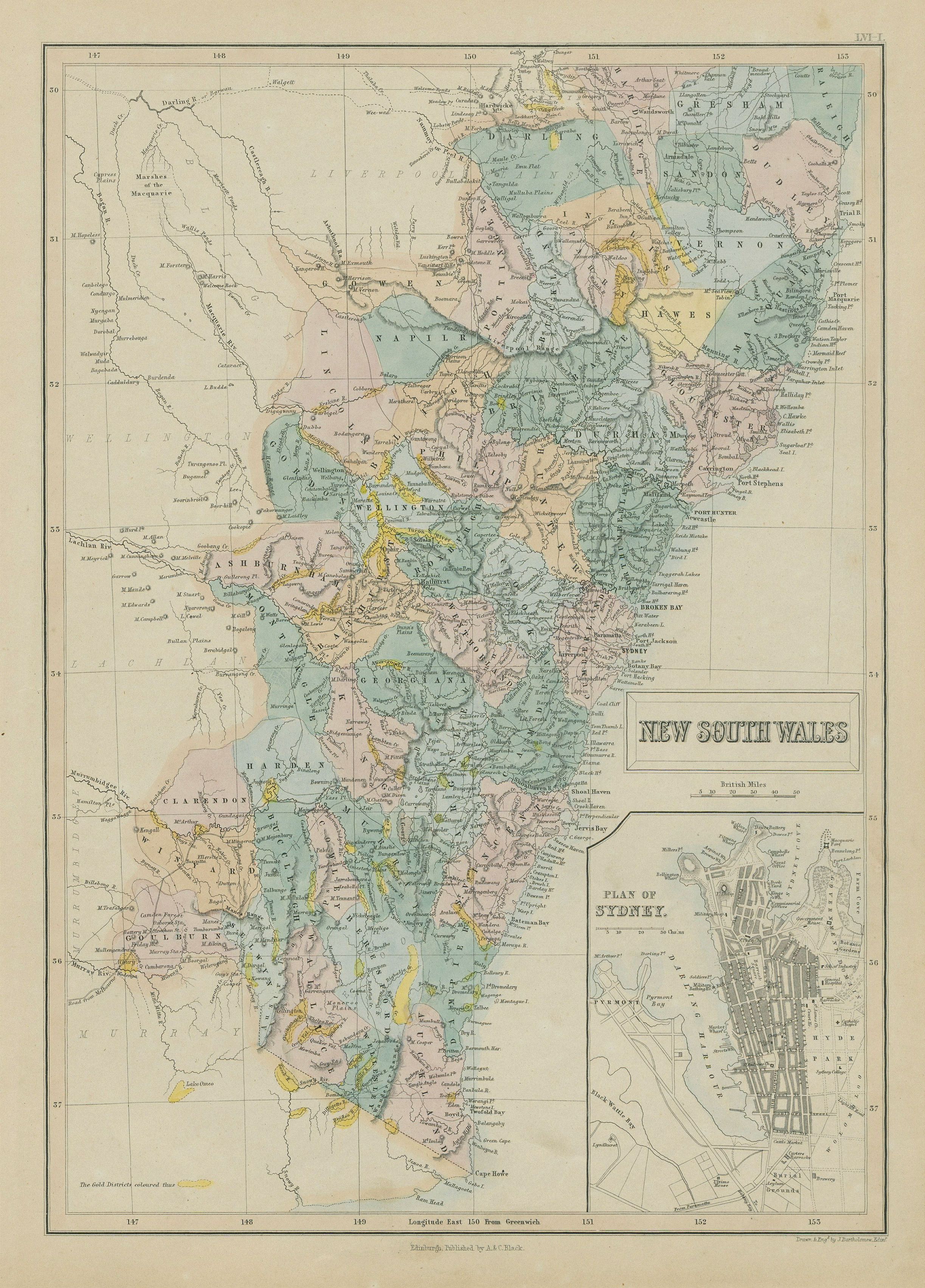 Associate Product New South Wales showing gold rush districts. Inset Sydney city plan 1856 map