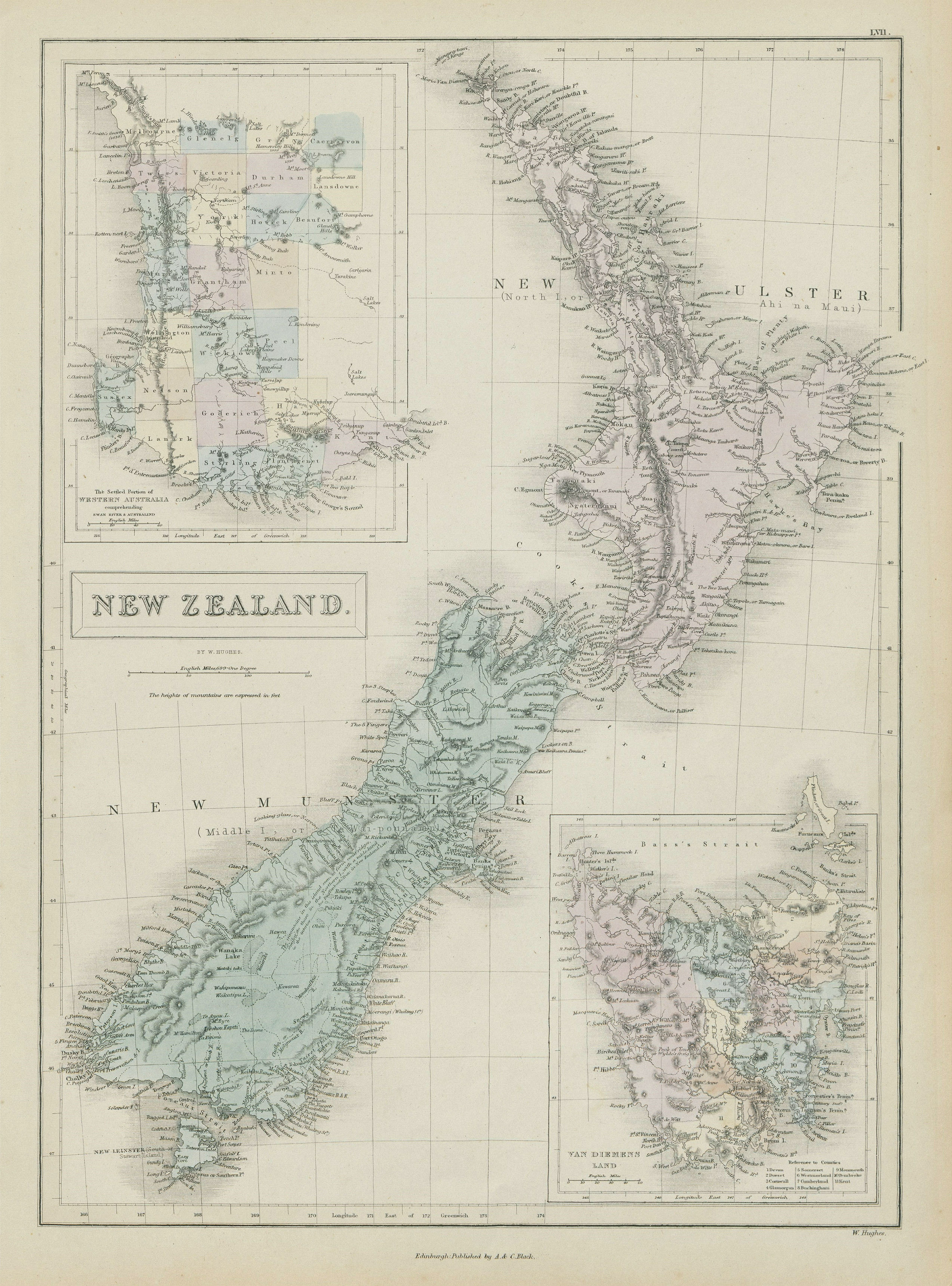 Associate Product New Zealand "New Ulster" & "New Munster" (North & South I). HUGHES 1856 map