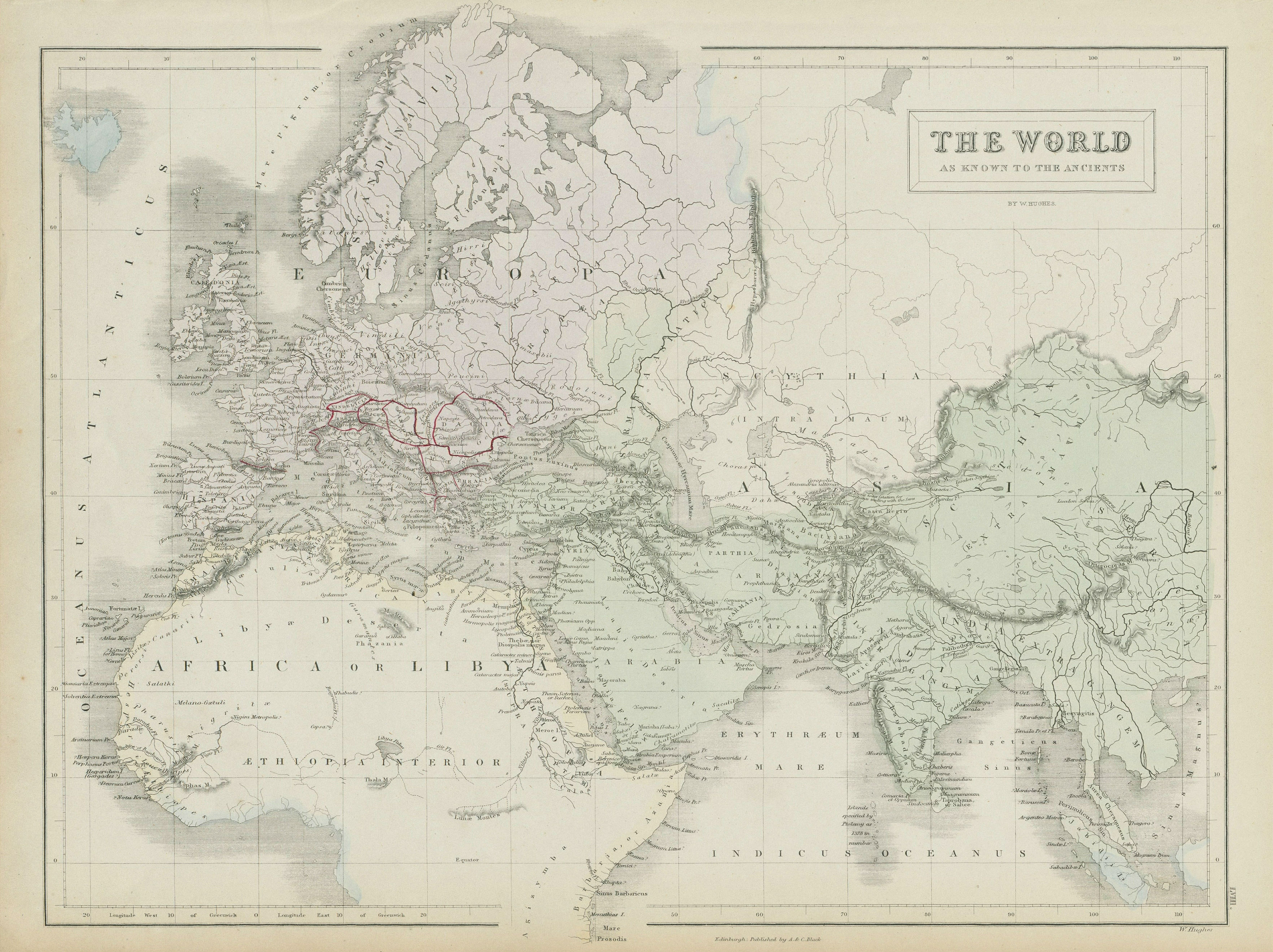 Associate Product The World as known to the Ancients, by WILLIAM HUGHES 1856 old antique map
