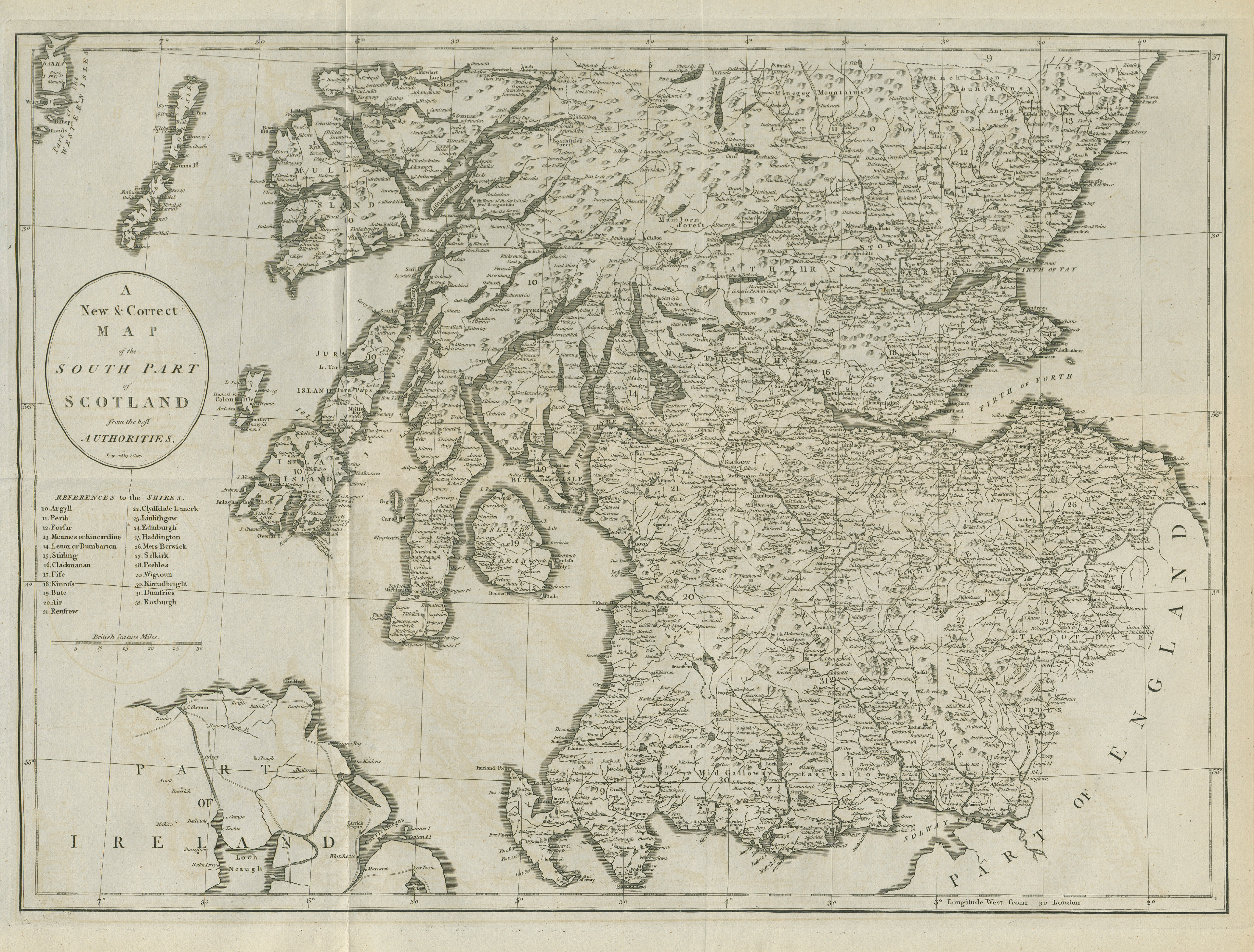 "A new & correct map of the South part of Scotland…" by John CARY 1789 old