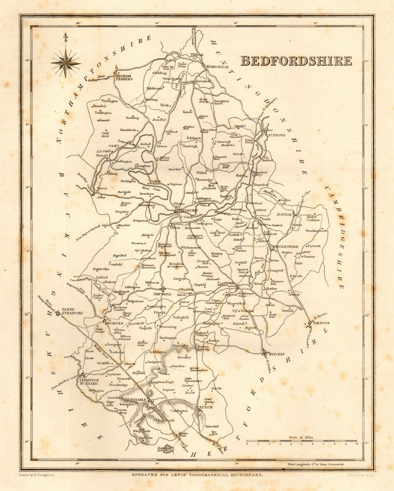 Associate Product Antique county map of BEDFORDSHIRE by Walker & Creighton for Lewis c1840