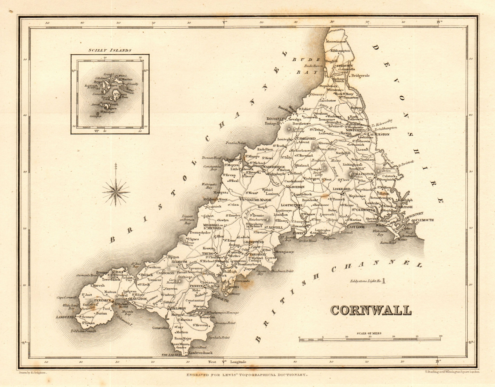 Antique county map of CORNWALL by Starling & Creighton for Lewis c1840 old