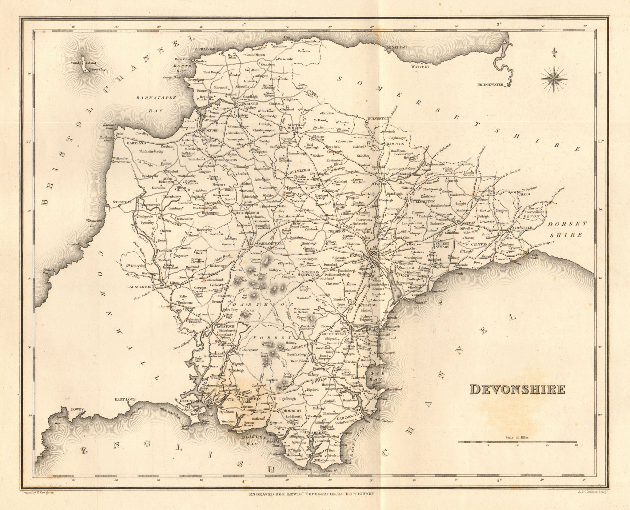 Antique county map of DEVONSHIRE by Walker & Creighton for Lewis c1840 old