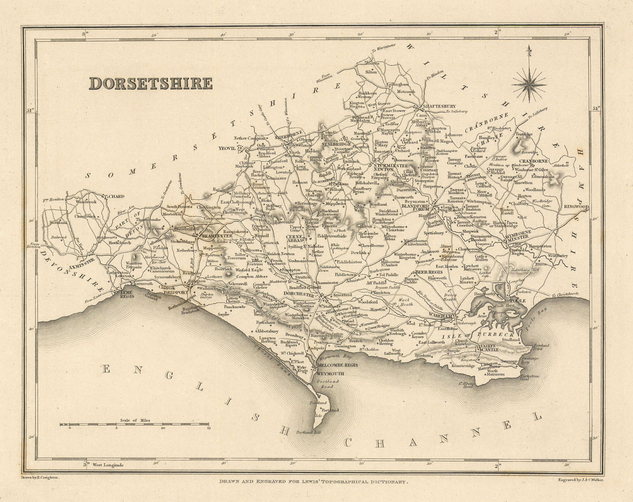 Antique county map of DORSETSHIRE by Walker & Creighton for Lewis c1840
