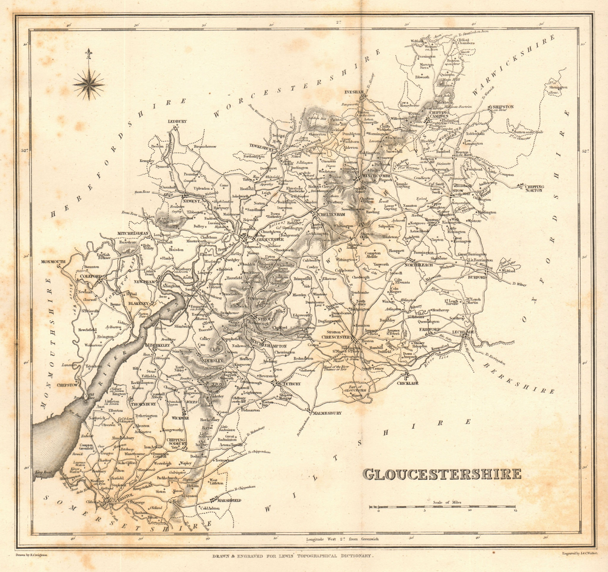 Associate Product Antique county map of GLOUCESTERSHIRE by Walker & Creighton for Lewis c1840