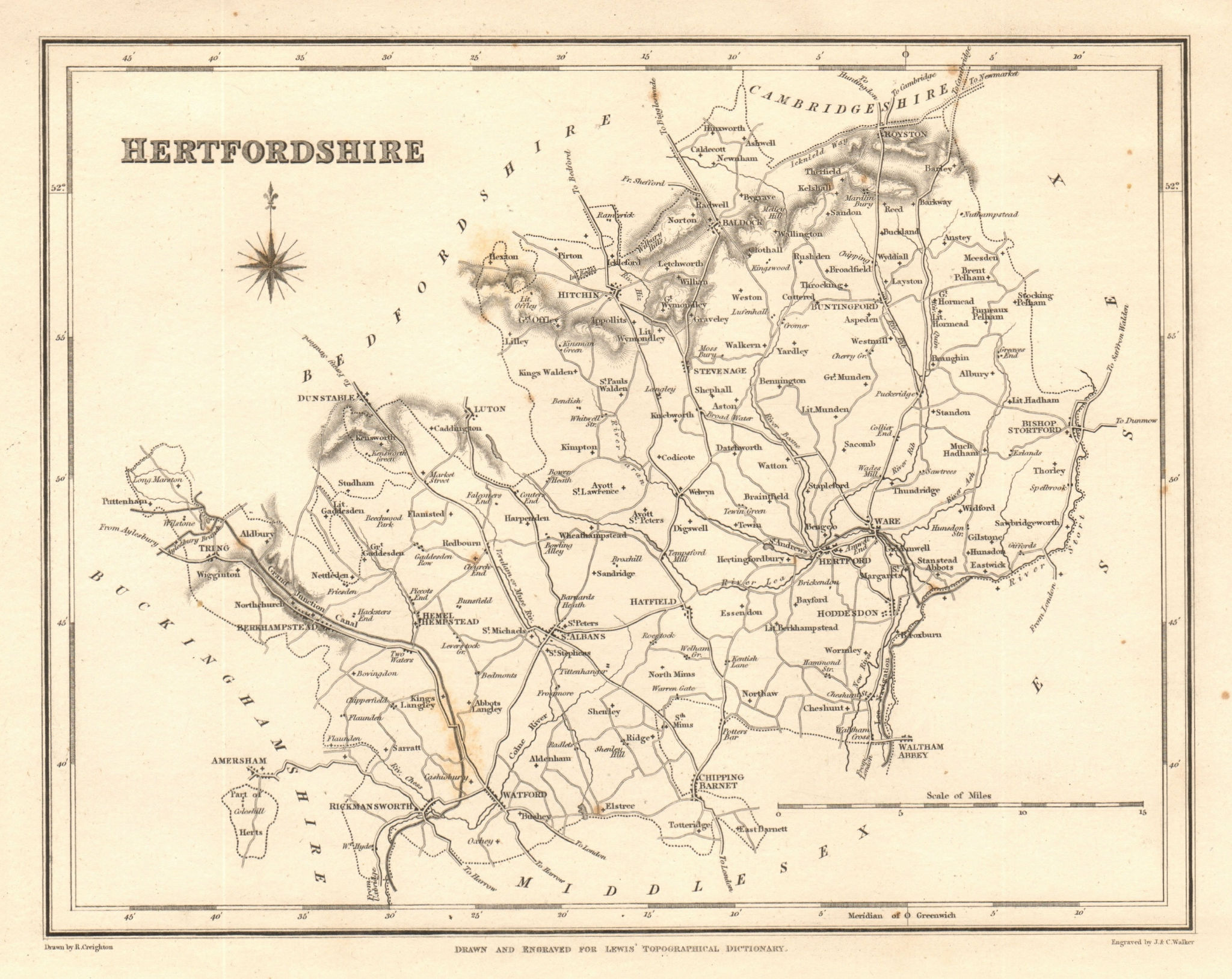 Antique county map of HERTFORDSHIRE by Walker & Creighton for Lewis c1840