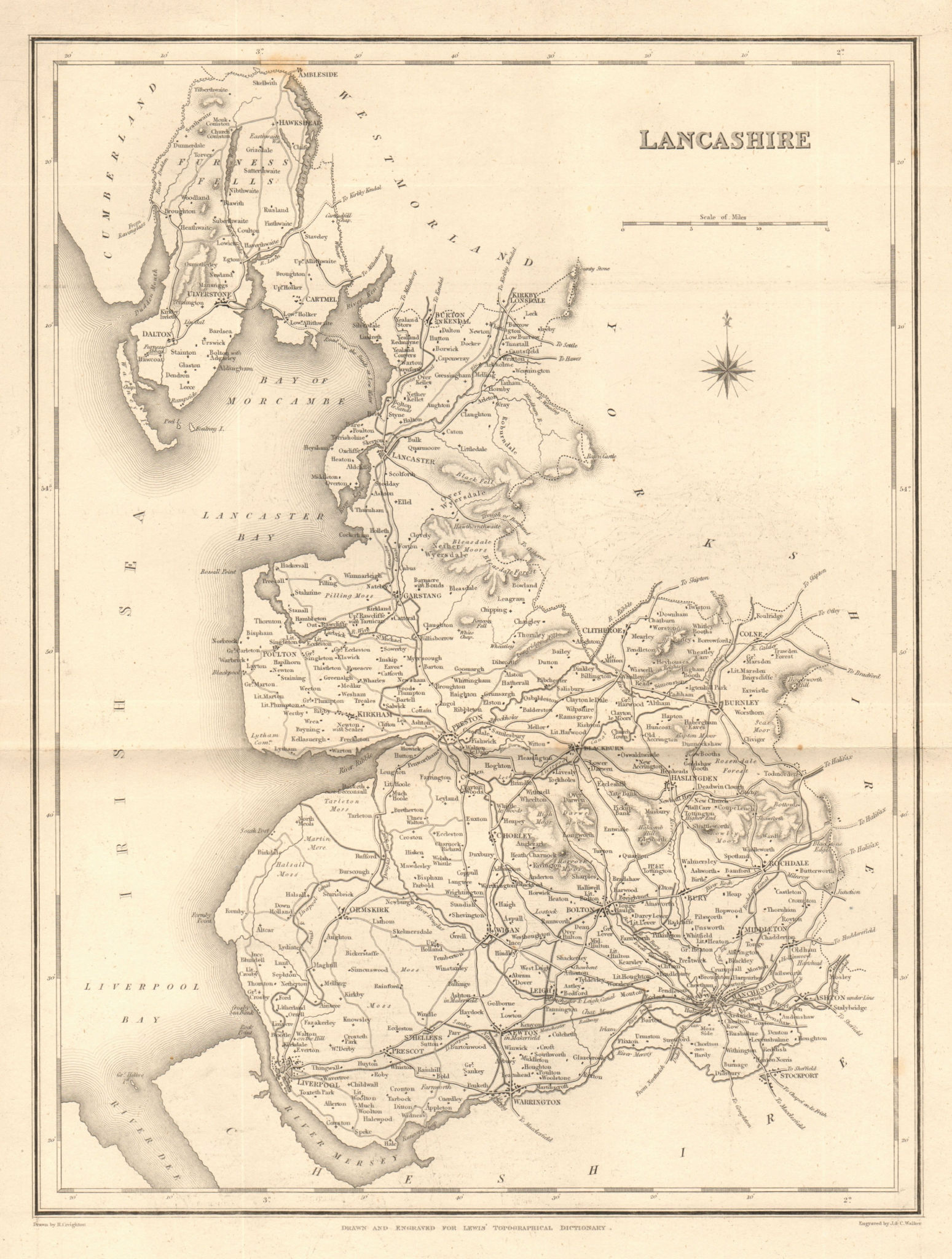 Associate Product Antique county map of LANCASHIRE by Walker & Creighton for Lewis c1840 old