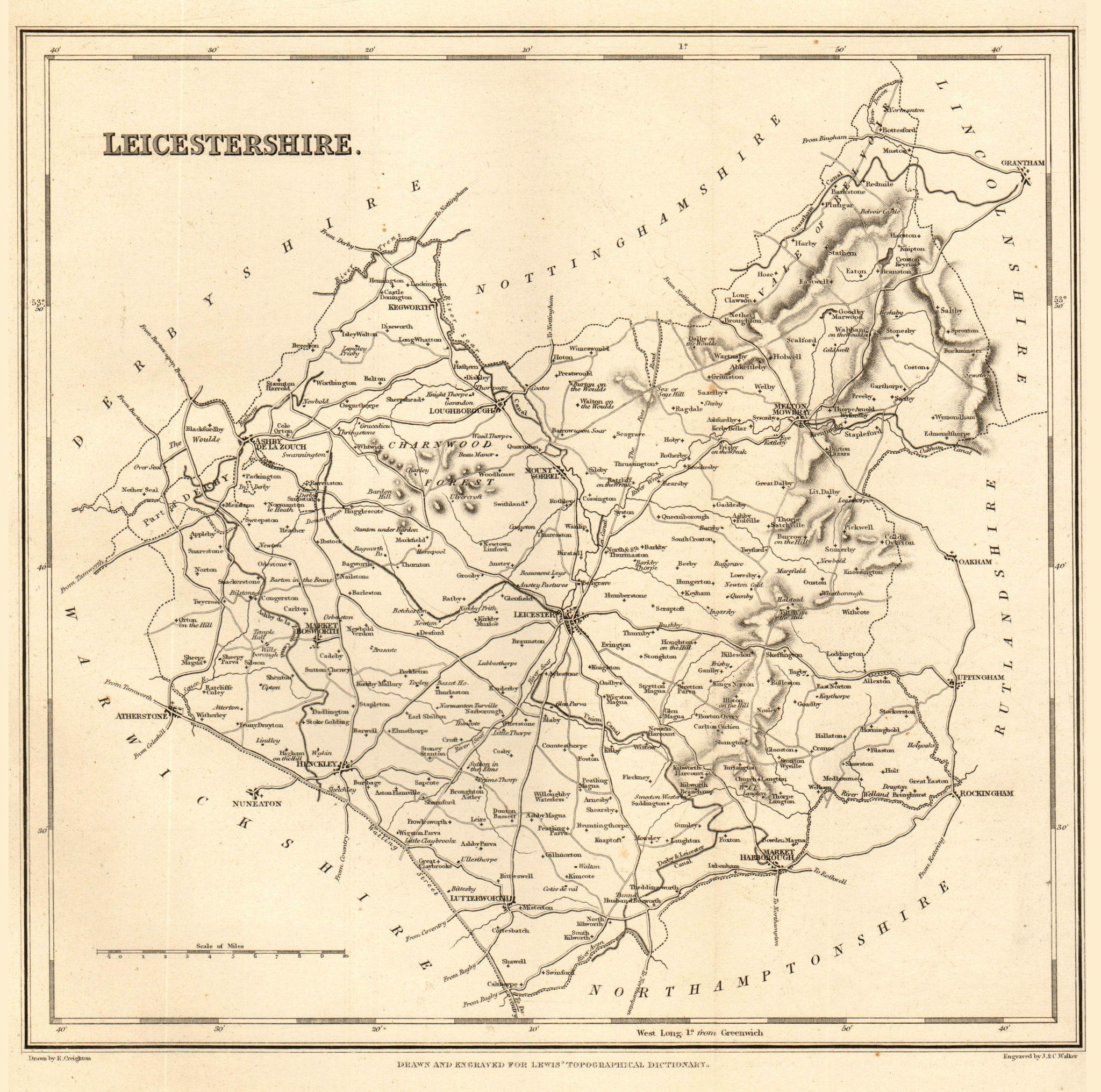 Antique county map of LEICESTERSHIRE by Walker & Creighton for Lewis c1840