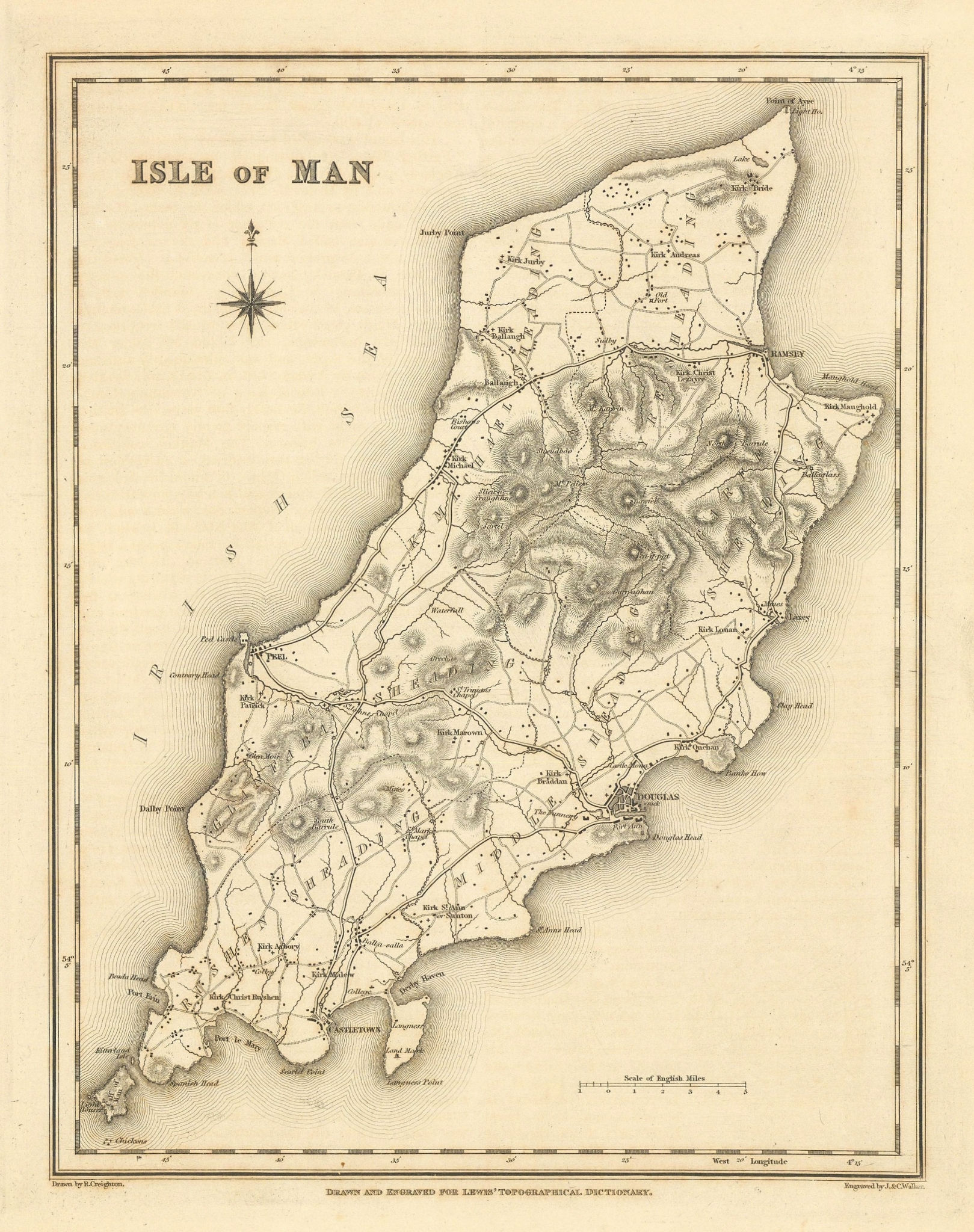 Associate Product Antique map of the ISLE OF MAN by Walker & Creighton for Lewis c1840 old