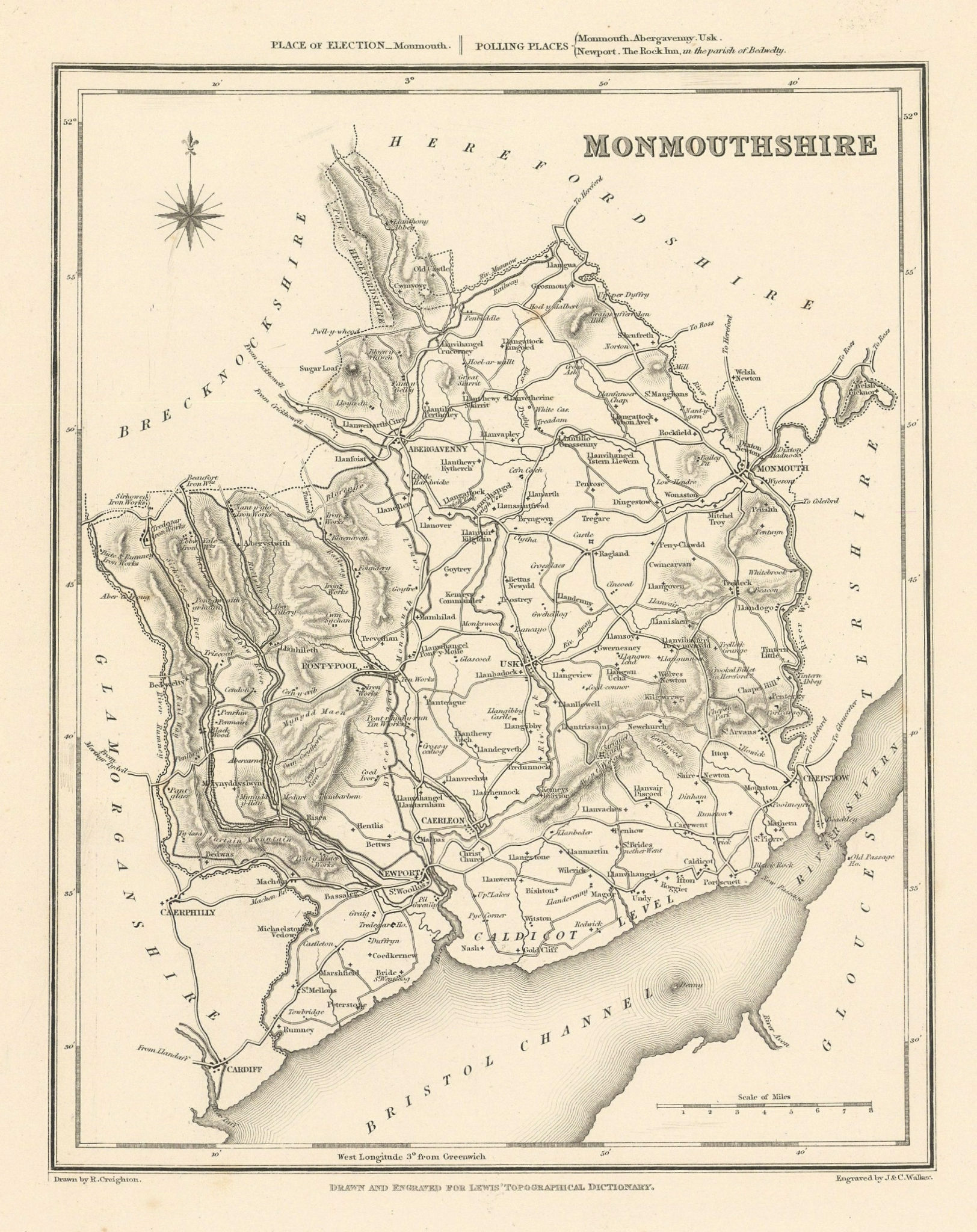 Associate Product Antique county map of MONMOUTHSHIRE by Walker & Creighton for Lewis c1840