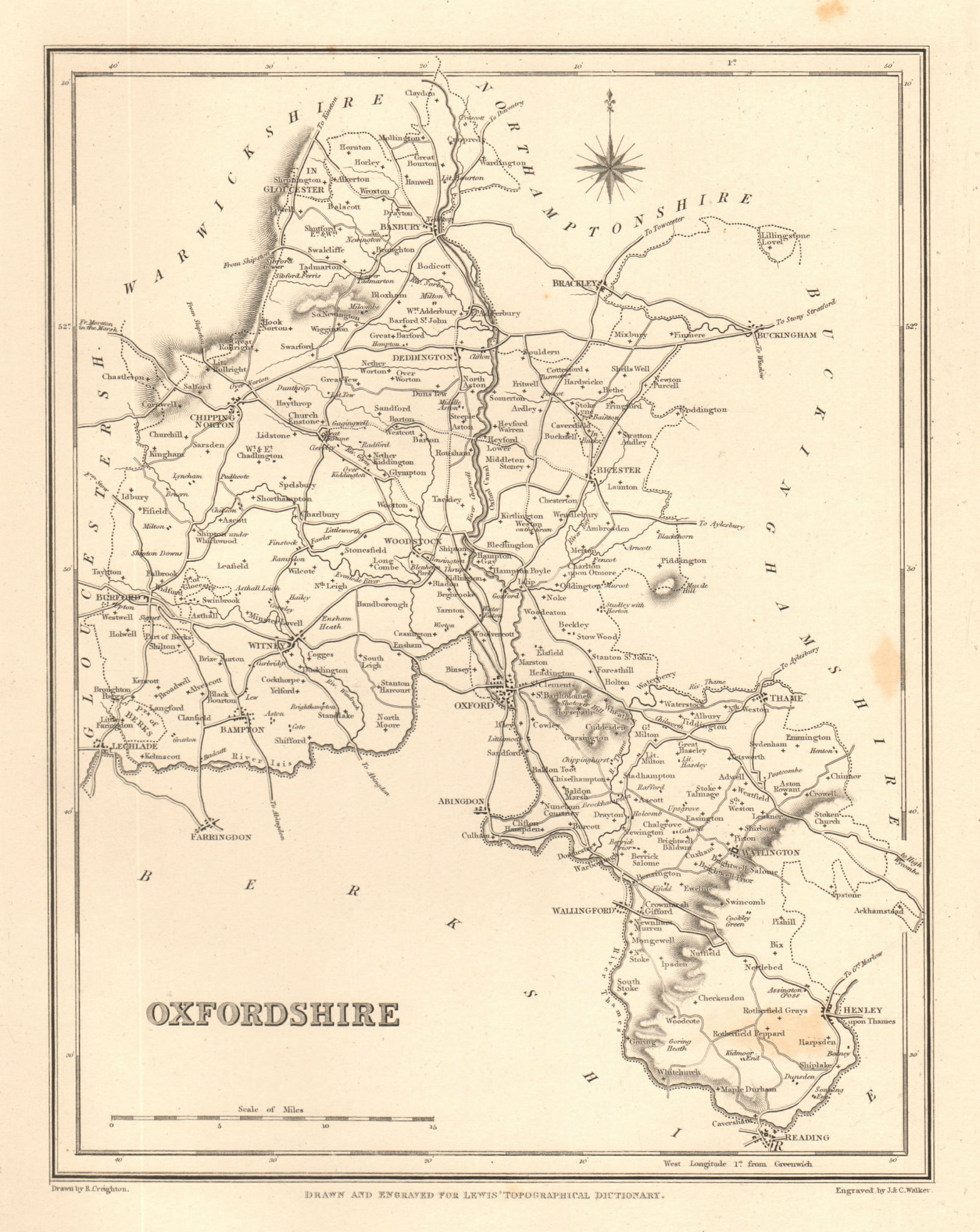 Antique county map of OXFORDSHIRE by Walker & Creighton for Lewis c1840