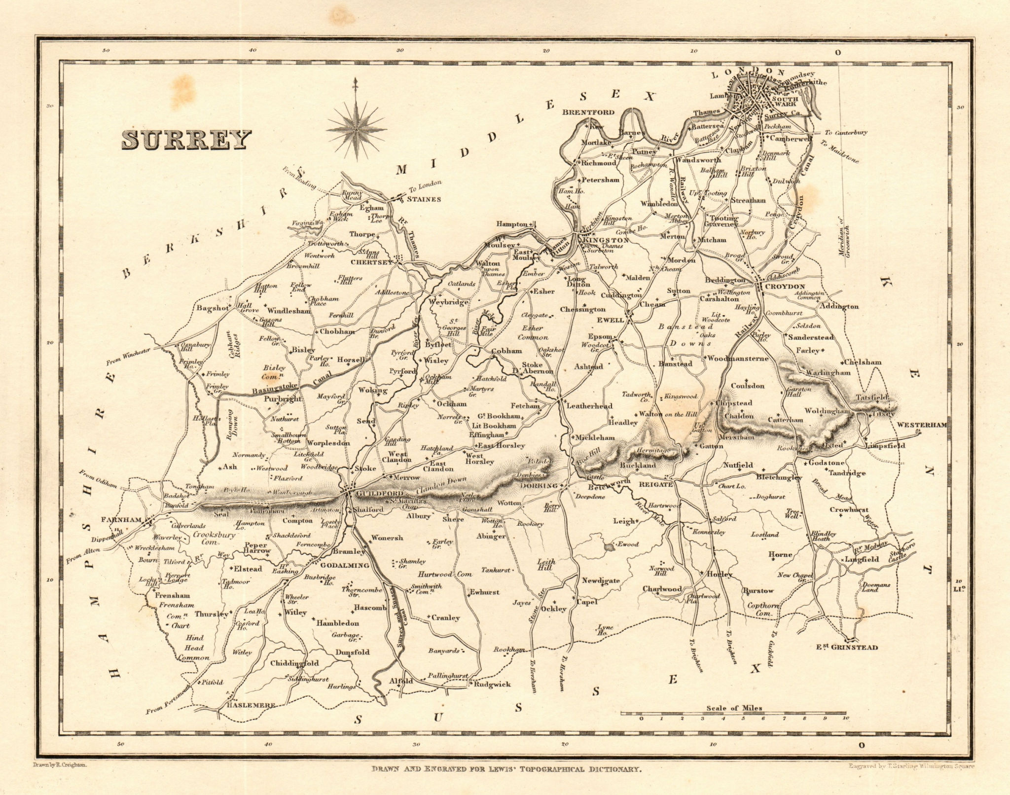 Associate Product Antique county map of SURREY by Starling & Creighton for Lewis c1840 old