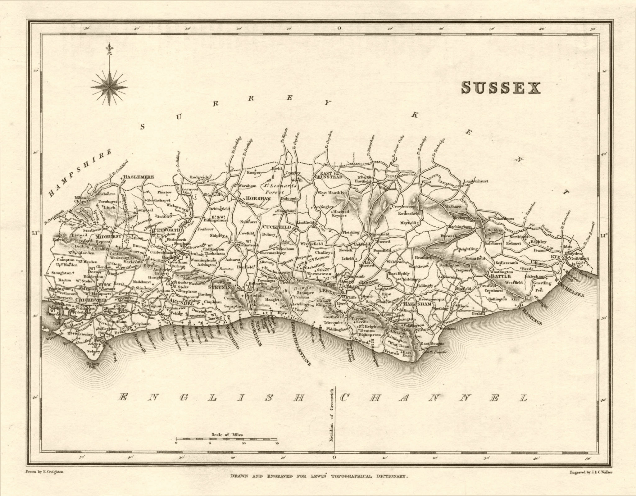 Associate Product Antique county map of SUSSEX by Walker & Creighton for Lewis c1840 old