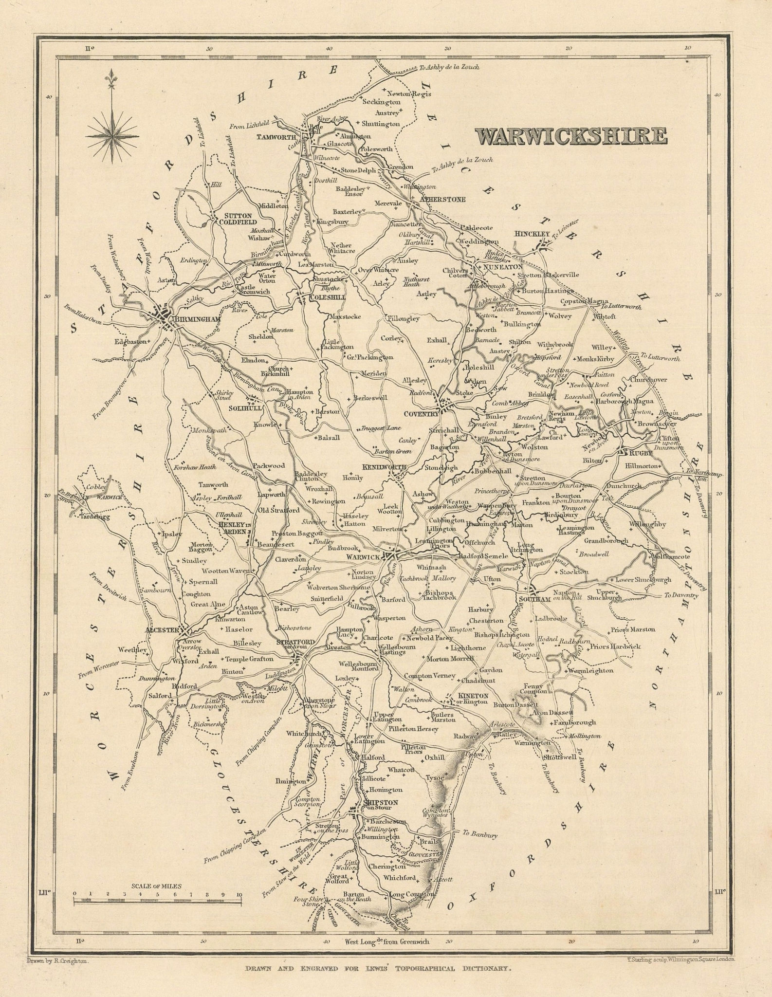 Antique county map of WARWICKSHIRE by Starling & Creighton for Lewis c1840